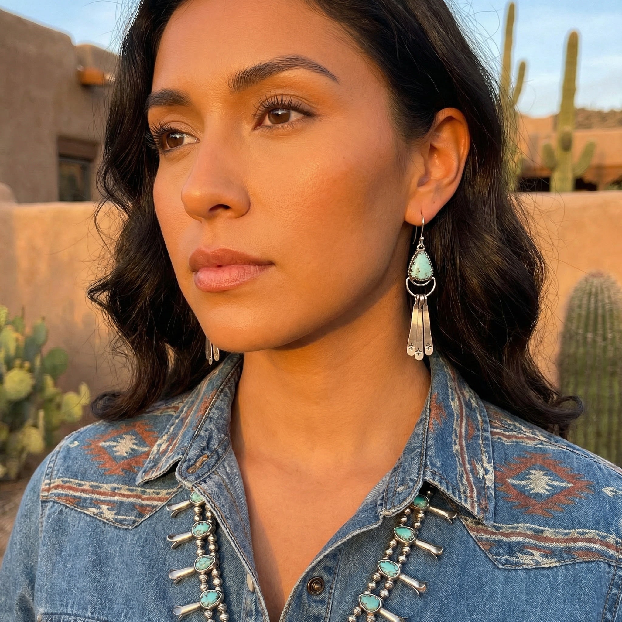 AAA Rare Dry Creek Turquoise Moon Earrings Dangles Southwest