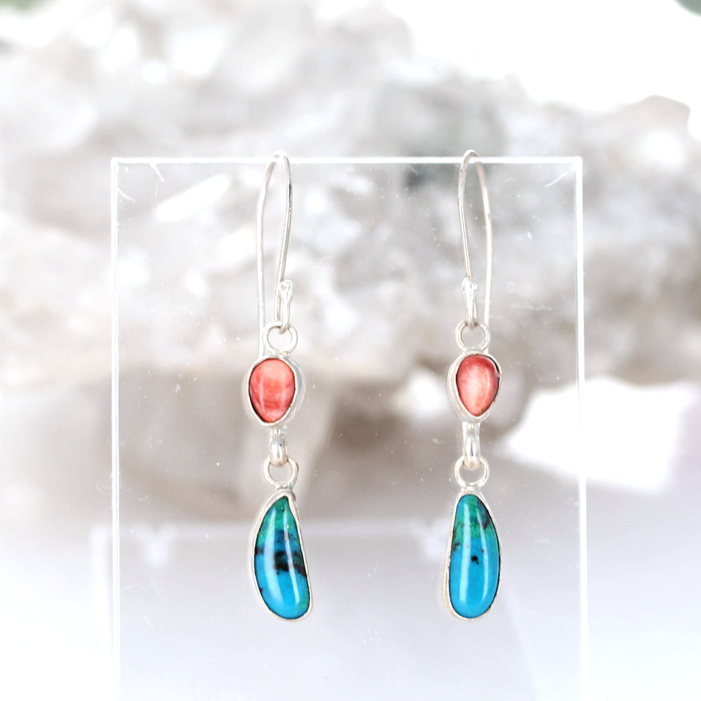 Peacock CHRYSOCOLLA EARRINGS with Spiny Oyster and Sterling Silver