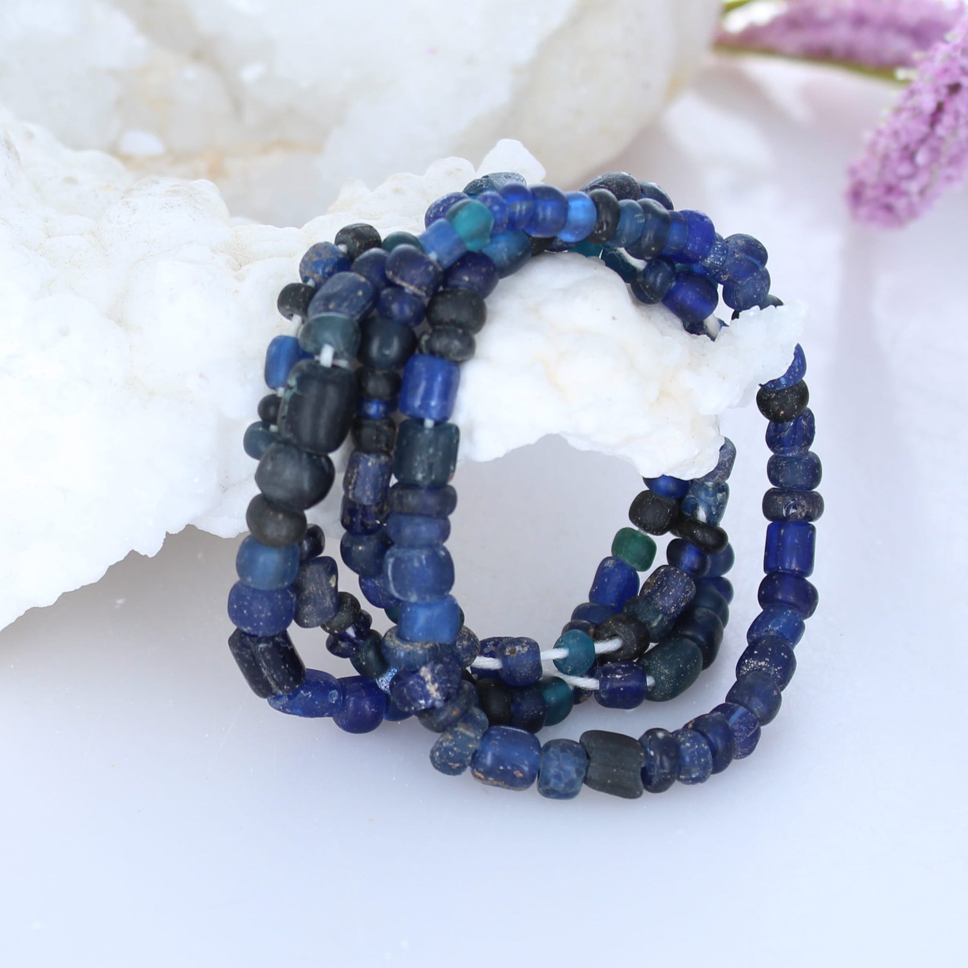Vintage Peking Glass Beads Deep Ocean Blues 22" 4-6mm -NewWorldGems
