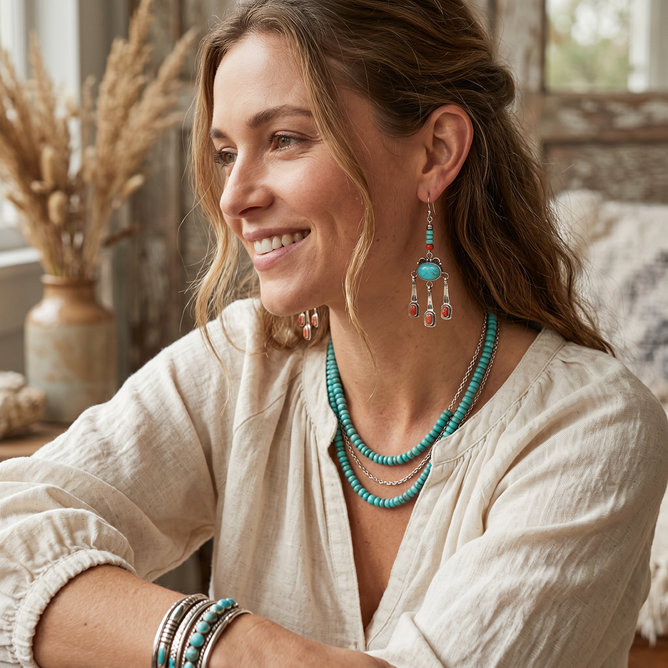 Blue Kingman Turquoise with Spiny Oyster Boho Dangle Earrings Sterling 3"