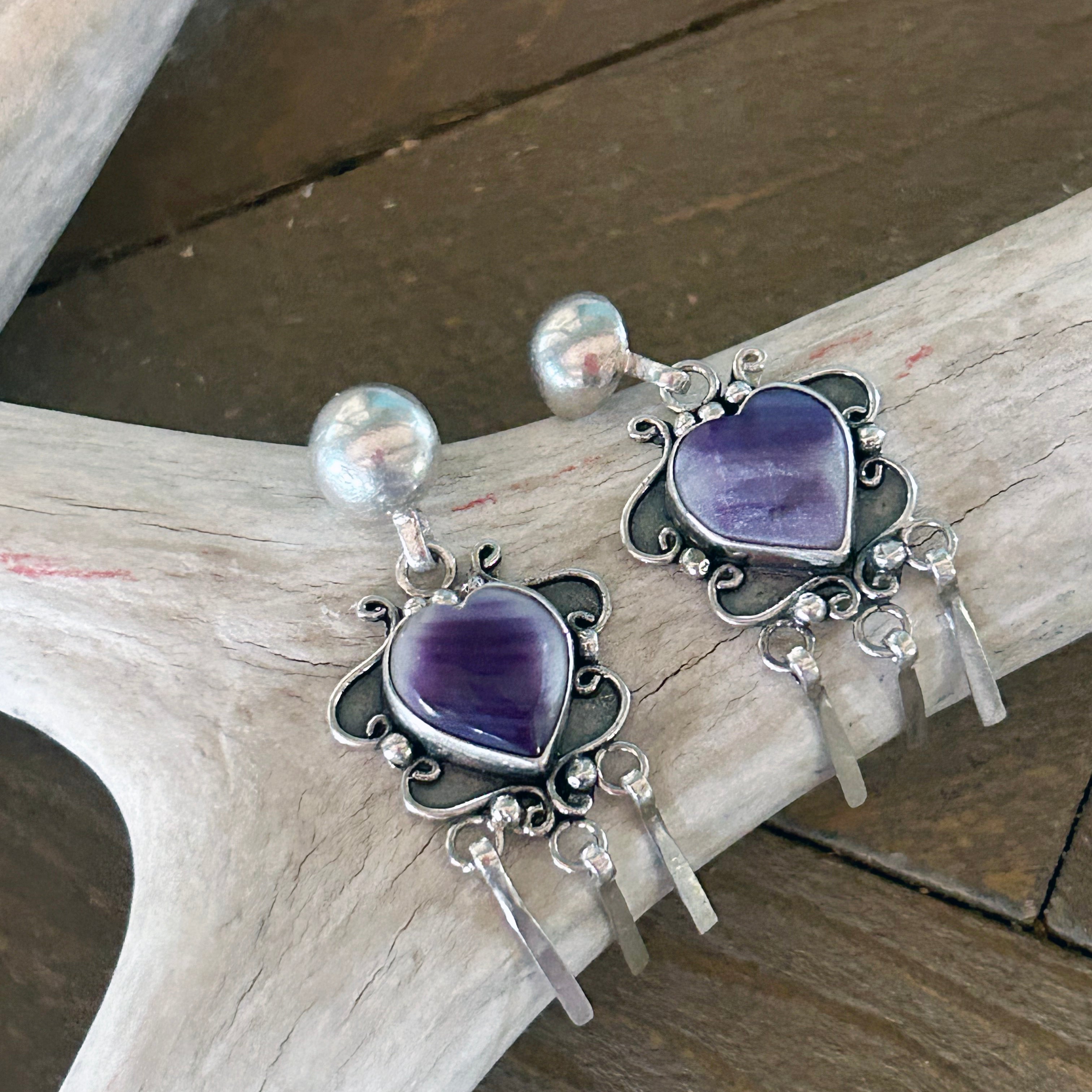 Purple Spiny Oyster Hearts Earrings Sterling Scroll Design Dangles NewWorldGems