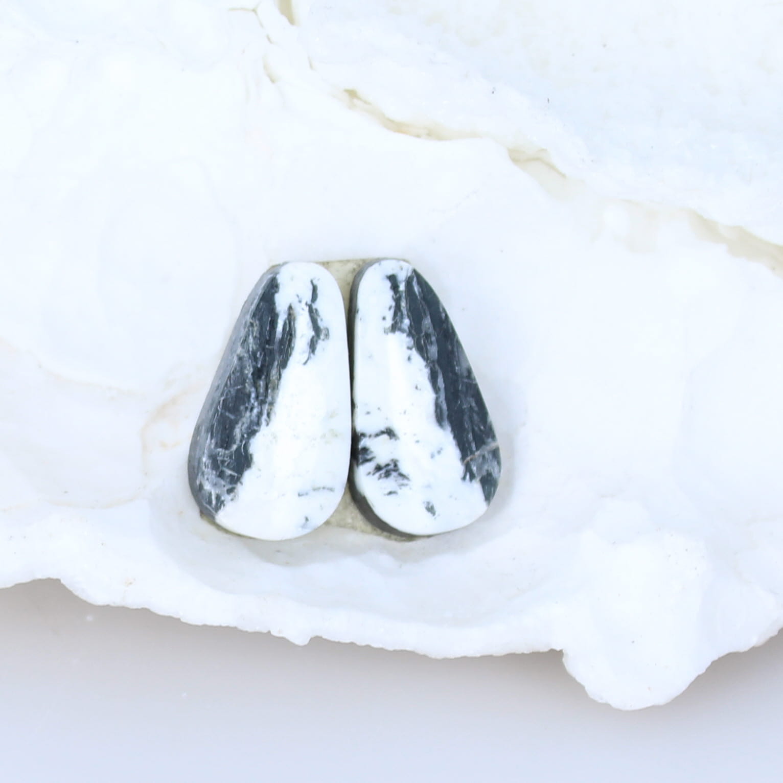 Dramatic Rare White Buffalo Turquoise Cabochon Pair Components -NewWorldGems