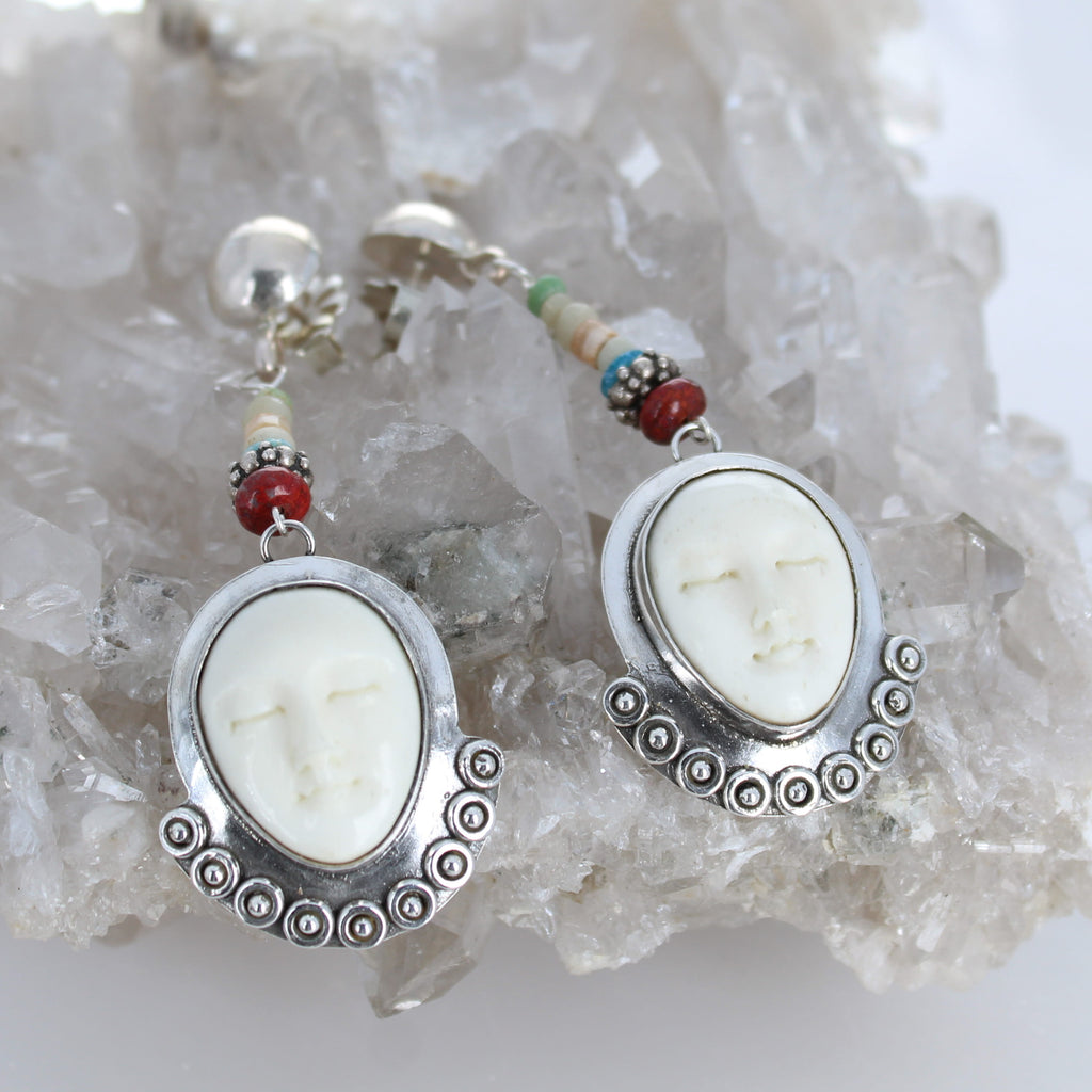 Sterling Silver Moon Face Goddess Earrings Ancient Glass Beads