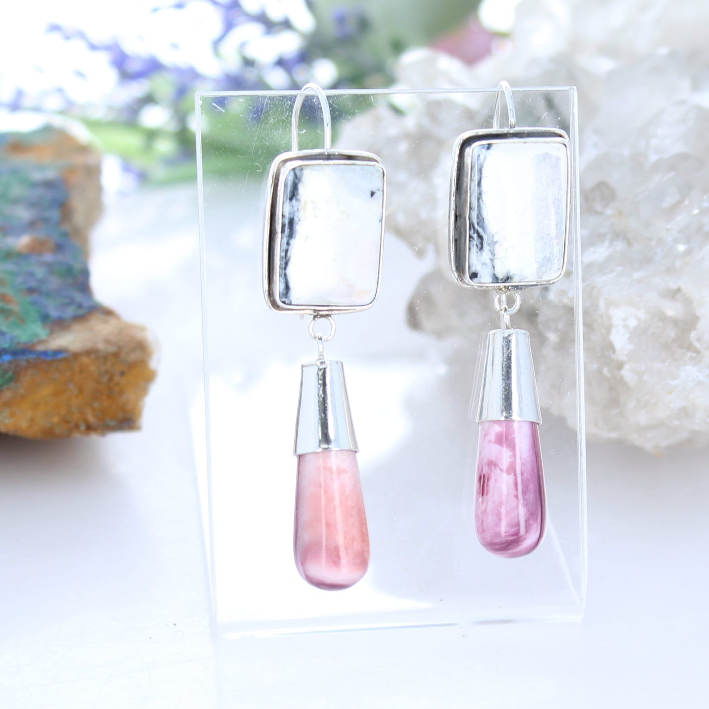 Nevada White Buffalo and Purple Spiny Oyster Teardrop Earrings Sterling