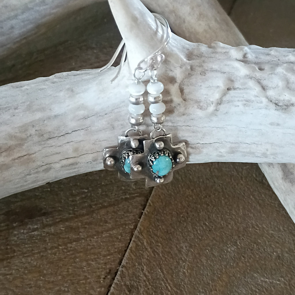 RARE DRY CREEK Turquoise Cross Earrings Sterling Silver Southwestern Boho