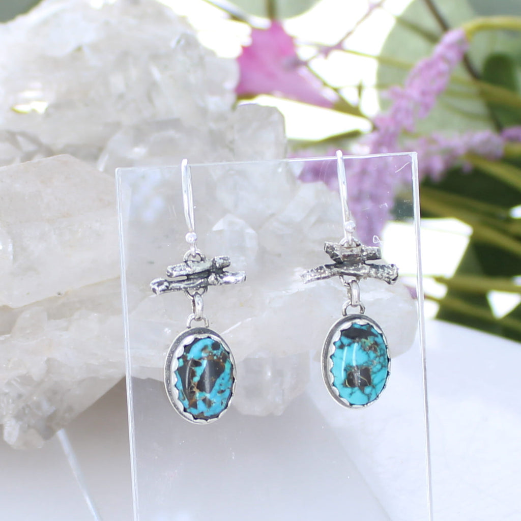 Deep Blue Rustic Carico Lake Turquoise Earrings Sterling Southwestern Style