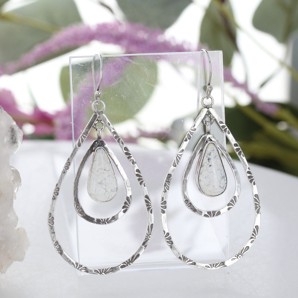White Buffalo Turquoise Earrings Double Hoops Oxidized
