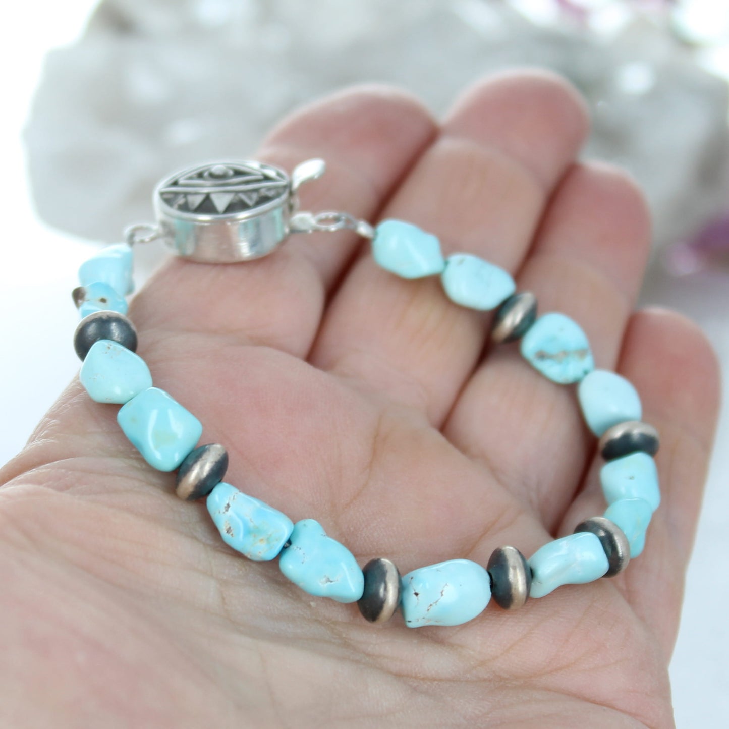 Lone Mountain Turquoise Nugget Beads Bracelet Sterling Silver