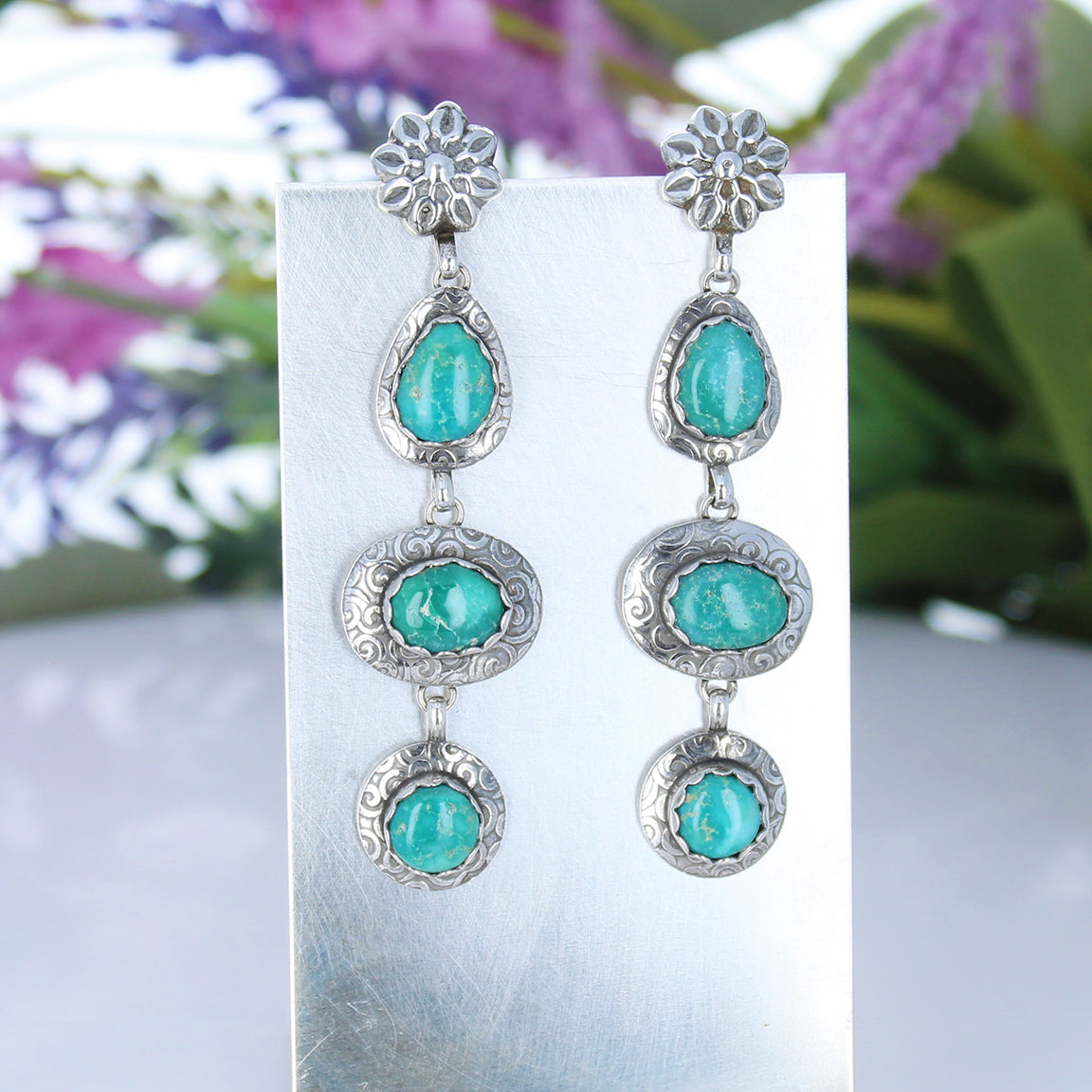 Emerald Valley Turquoise Earrings 3 Stone Spiral Design 3"