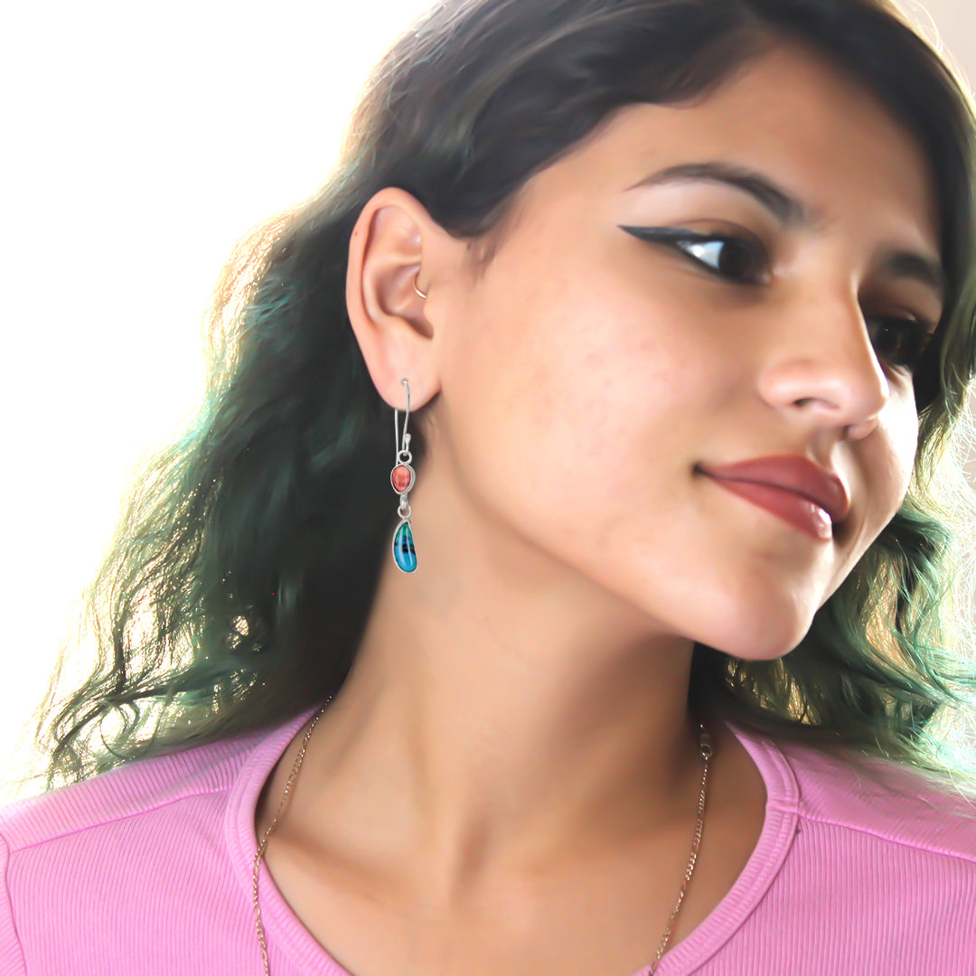 Peacock CHRYSOCOLLA EARRINGS with Spiny Oyster and Sterling Silver