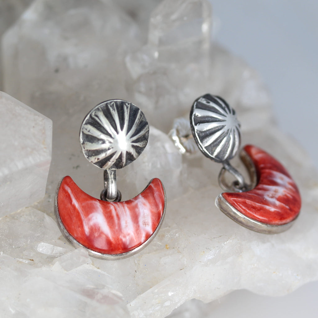 Red Spiny Oyster Moon Earrings With Sterling Silver Sunburst Posts Southwestern