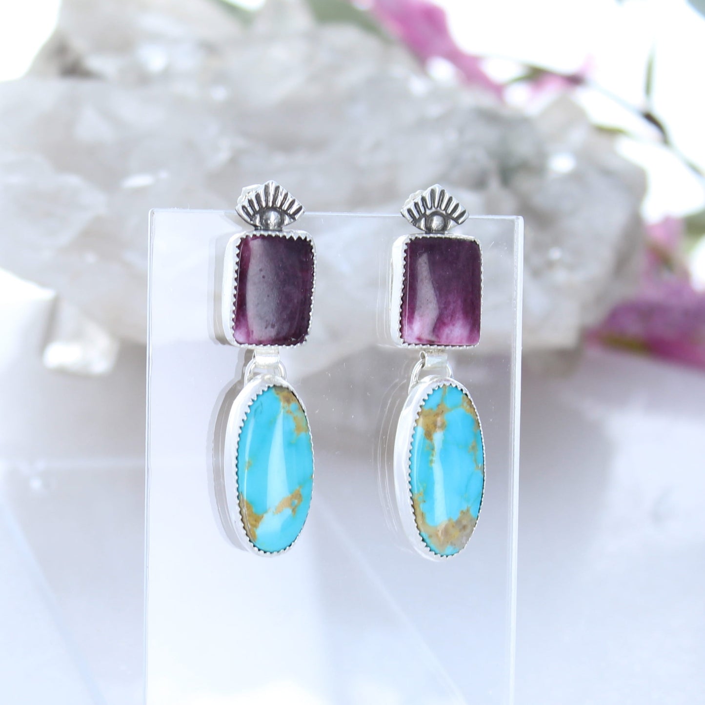 Dramatic Kingman Turquoise Purple Spiny Oyster Earrings Protective Eye