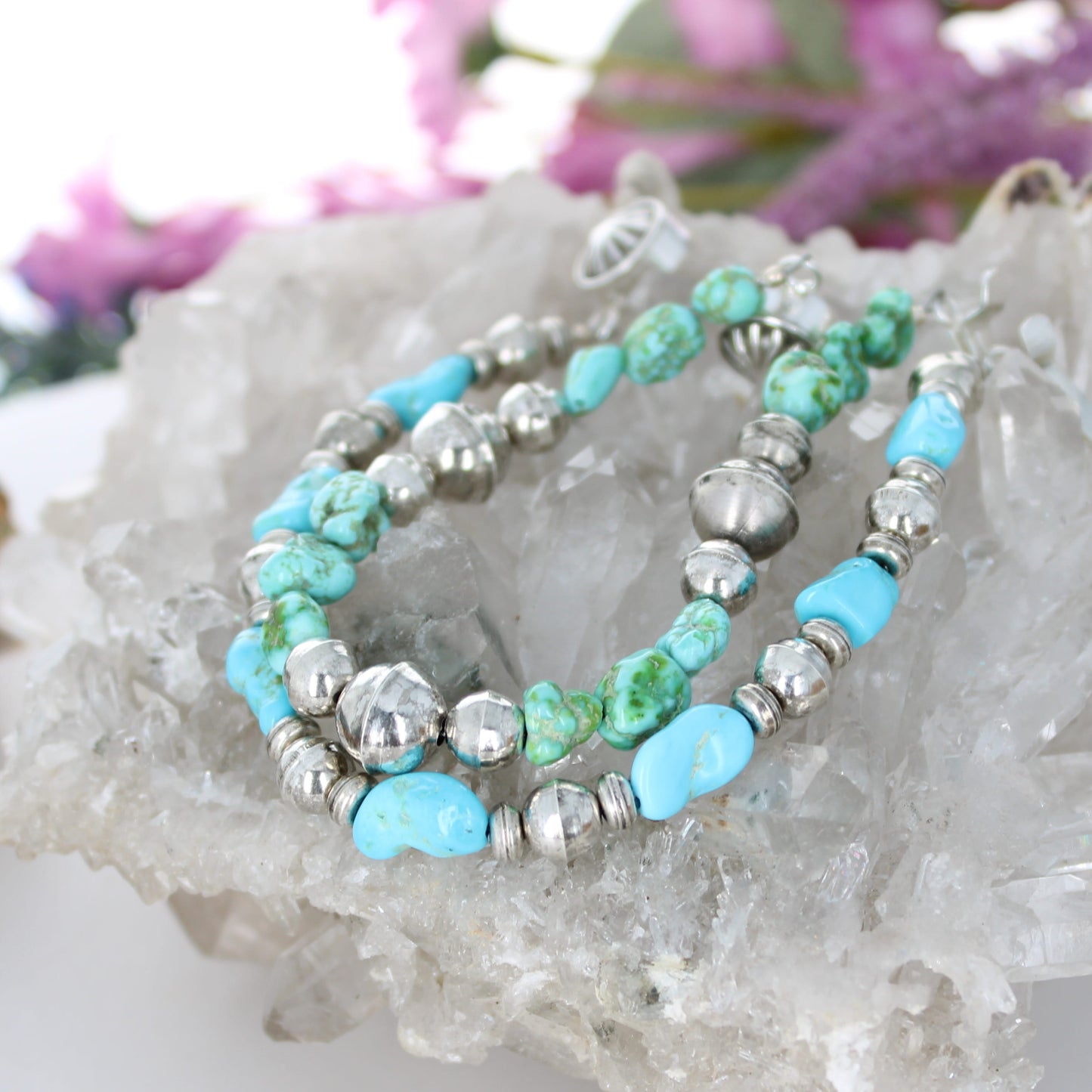 Sky Blue Green Sonoran Gold Turquoise Bracelet Bench Made Sterling Silver Beads
