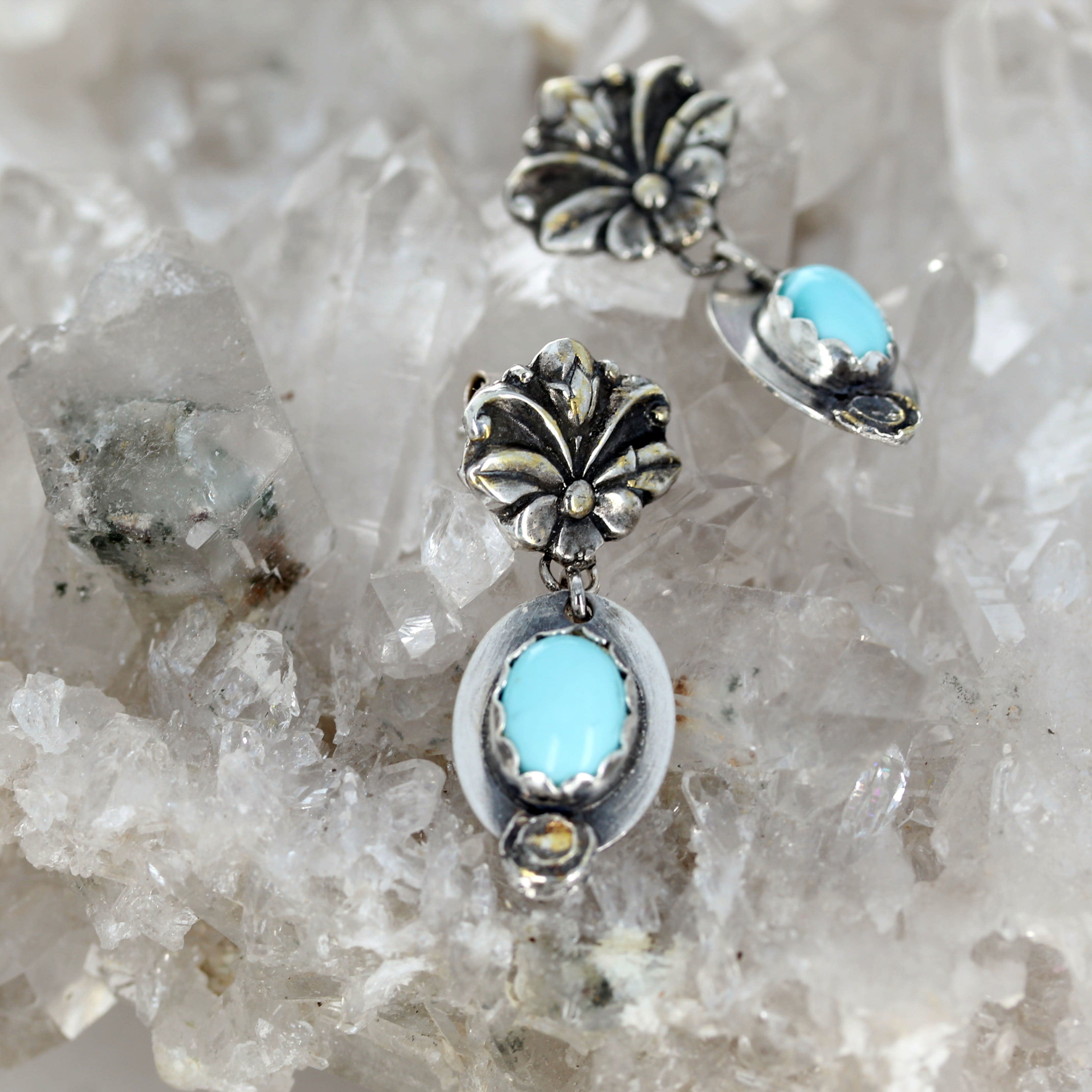 Lone Mountain Turquoise Sterling and Gilded 18K Gold Earrings Florals v