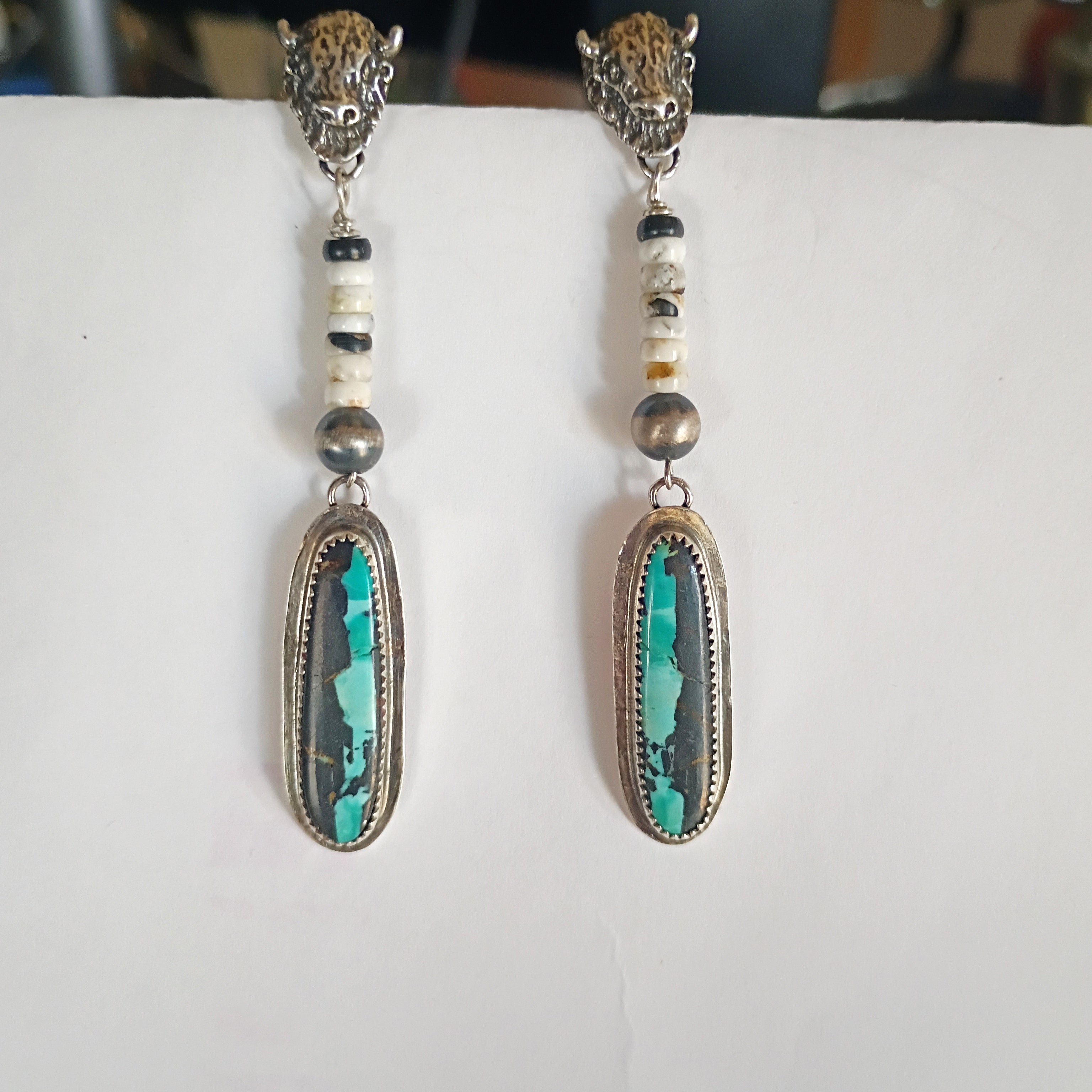 AAA Black Jack and White Buffalo Turquoise Earrings Buffalo Head Sterling