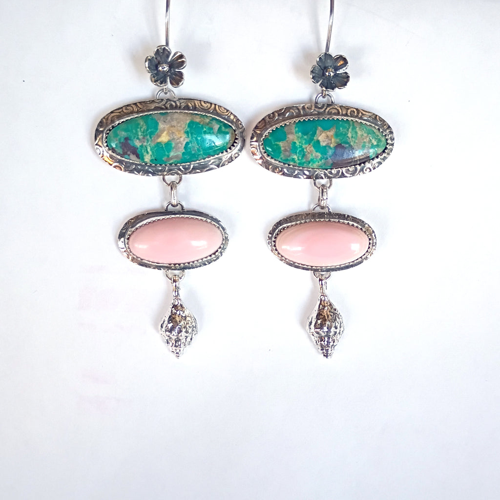 AAA Blue Royston Turquoise and Pink Conch Shell Earrings Sterling Silver Shells
