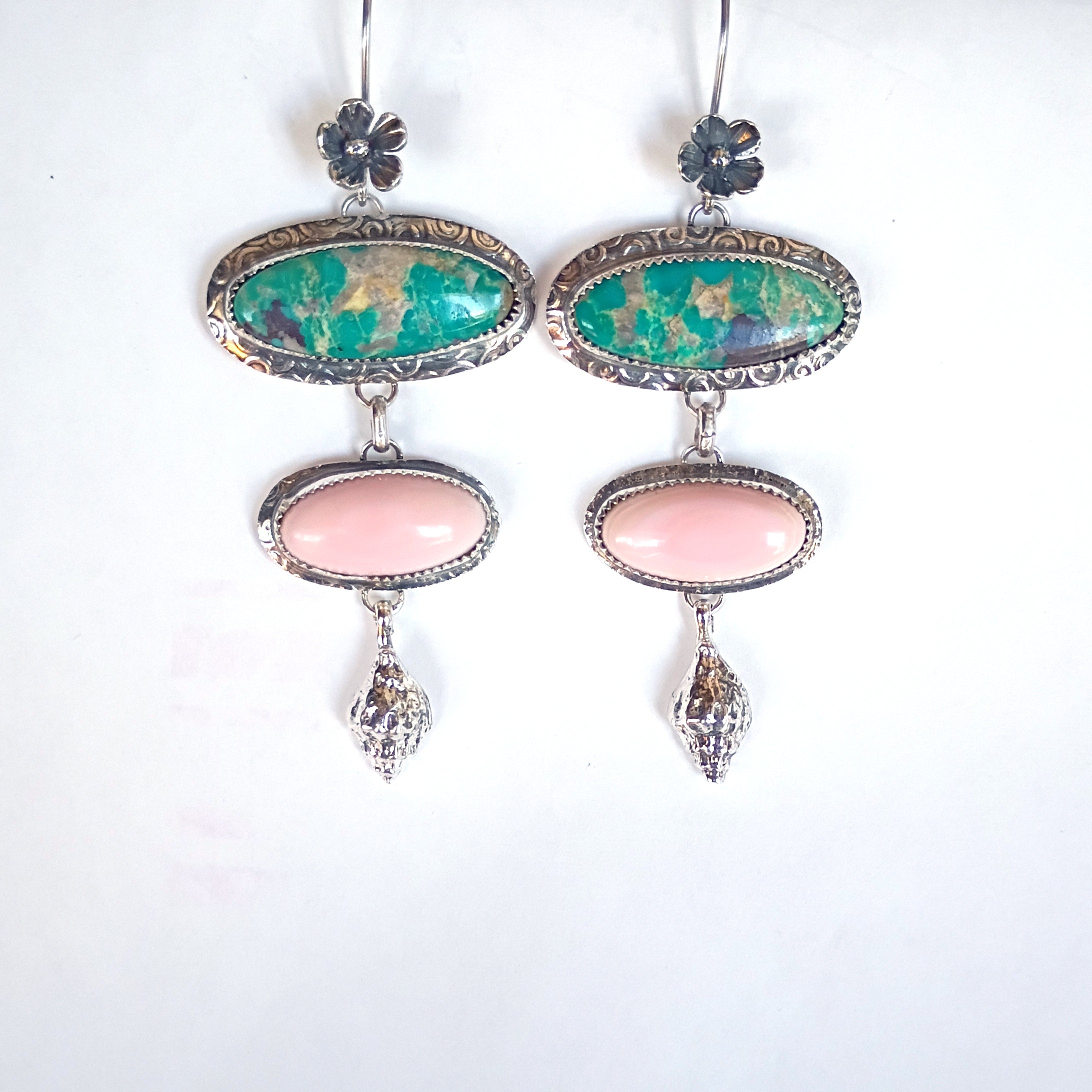 AAA Blue Royston Turquoise and Pink Conch Shell Earrings Sterling Silver Shells