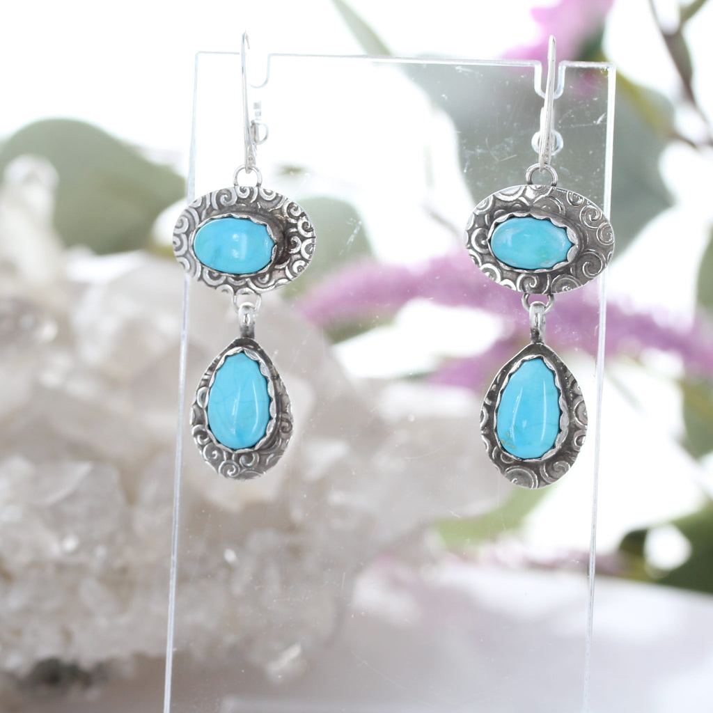 Blue Bird Turquoise Earrings 2 Stone Sky Blue Spiral Design Sterling