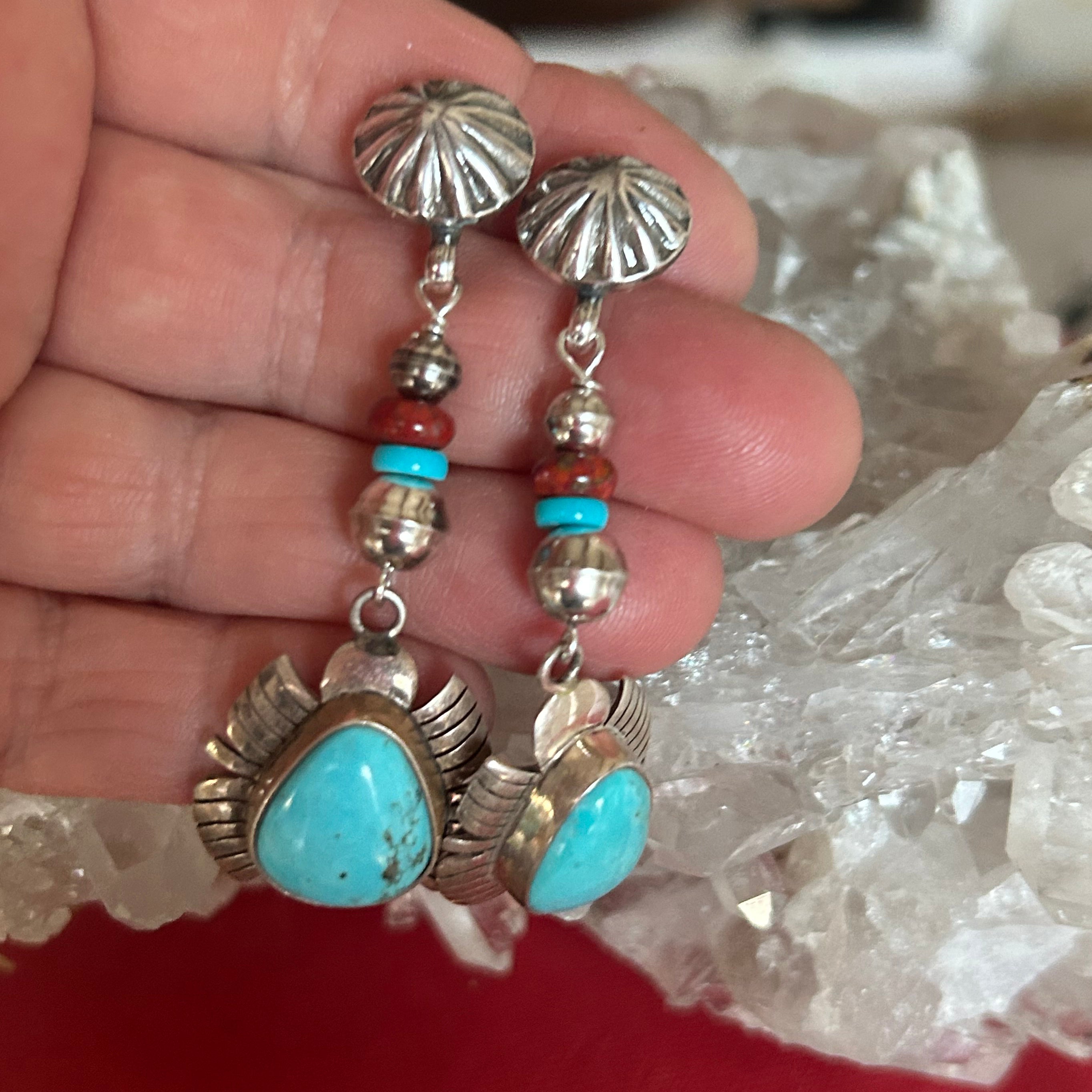 Beautiful Sky Blue Kingman Mine Turquoise and Red Cuprite Earrings Feathered
