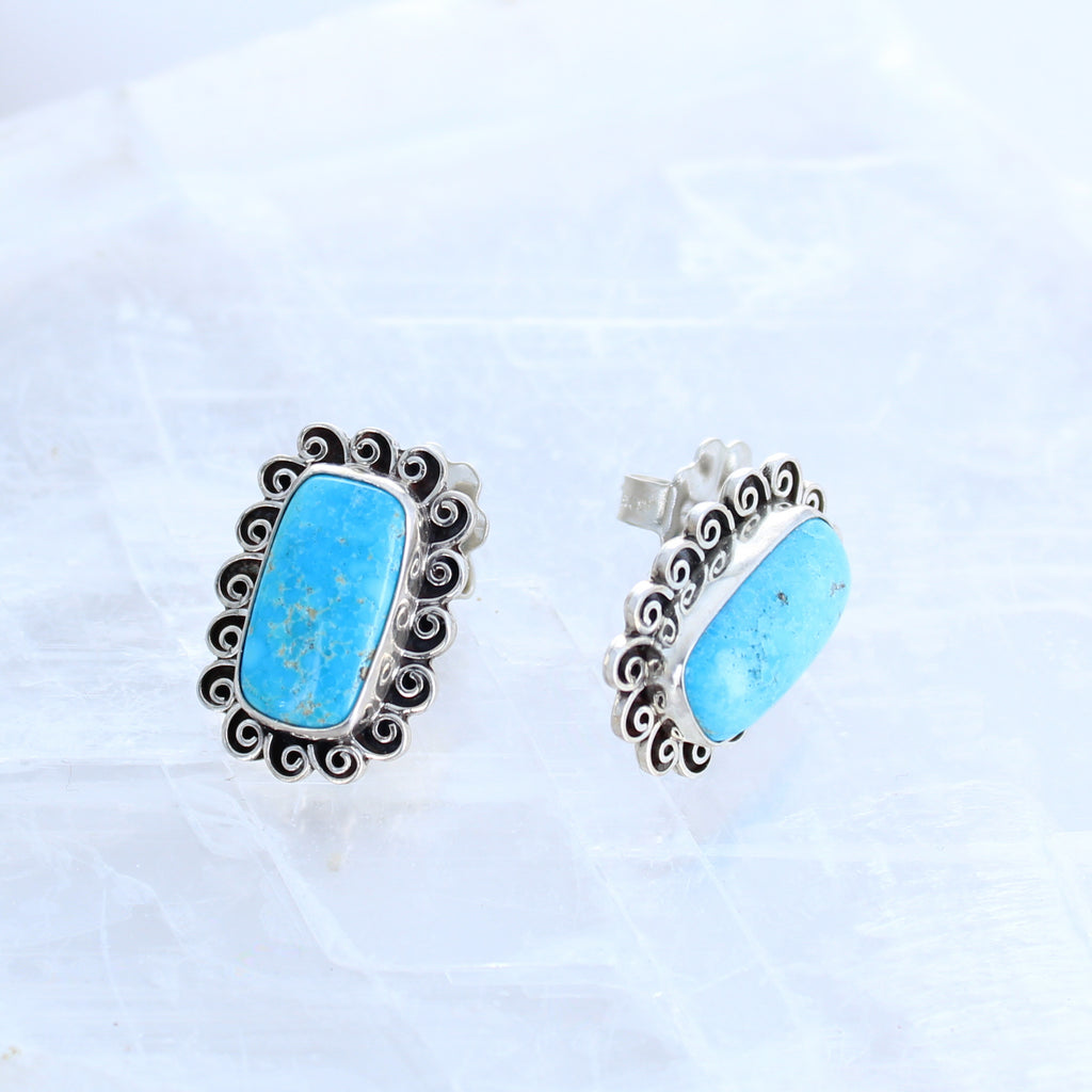 Armenian Turquoise Portrait Earrings Post Spiral Cushions