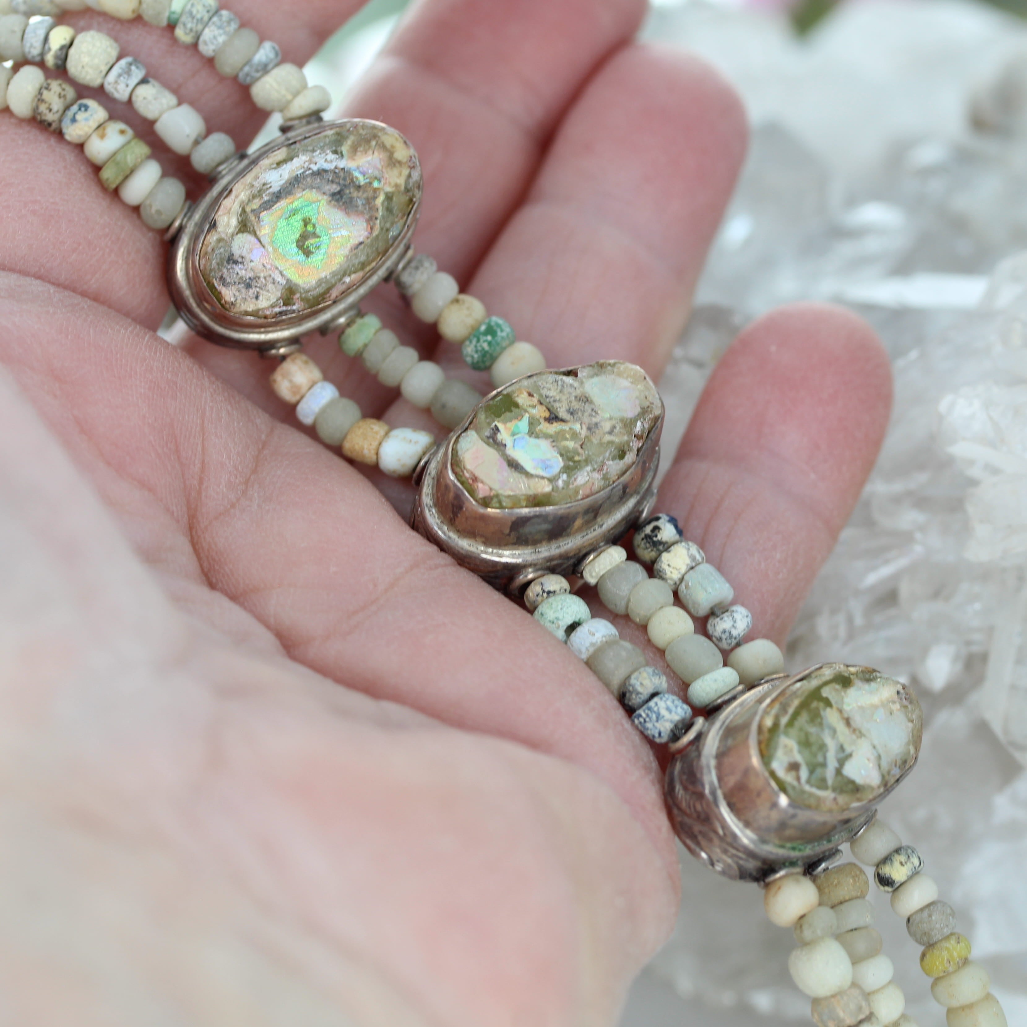 Antique Roman Glass Bracelet 3 Strand Beauty Sterling Silver