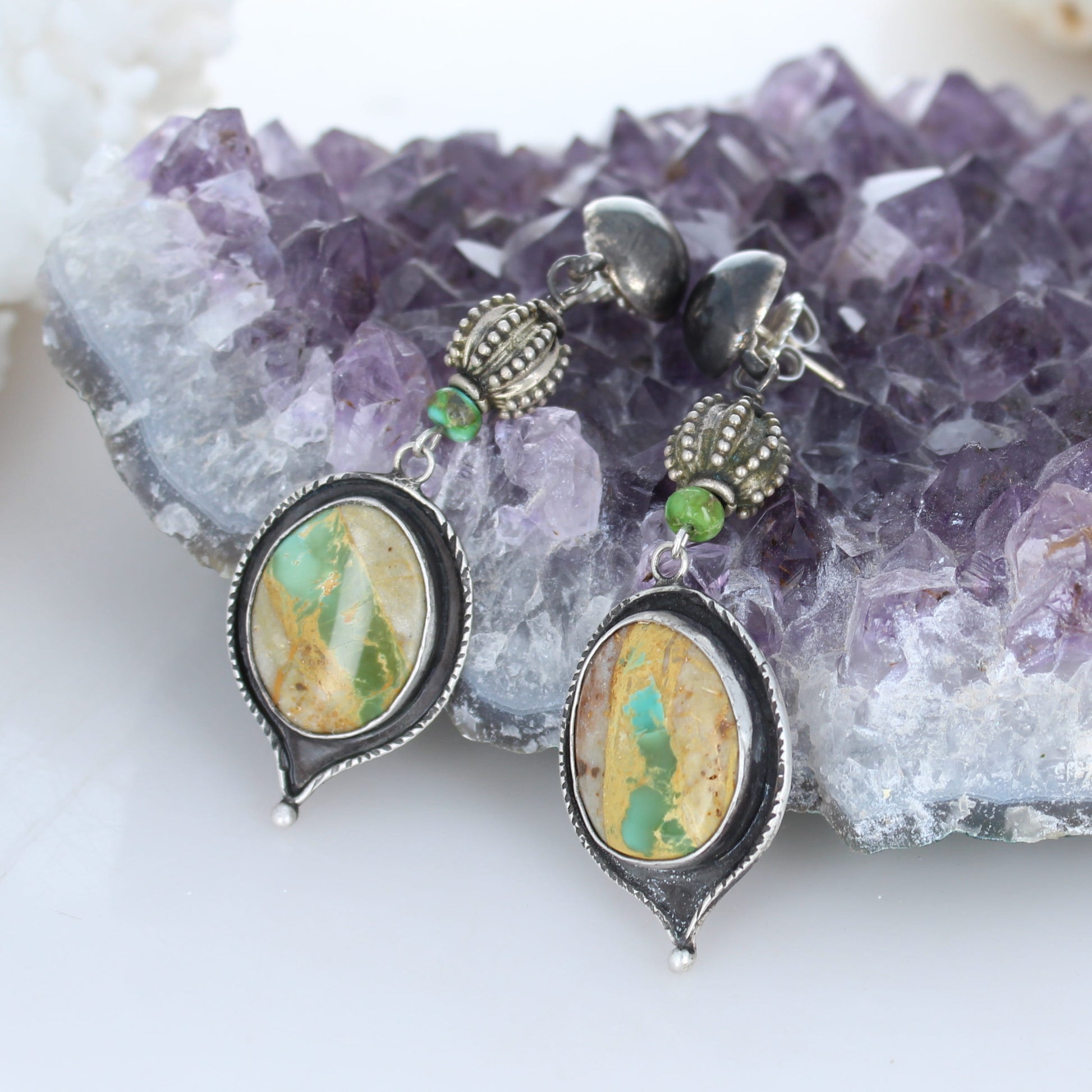 Gorgeous Royston Mine Earrings Ovals with Beads Southwest 2.75" -NewWorldGems