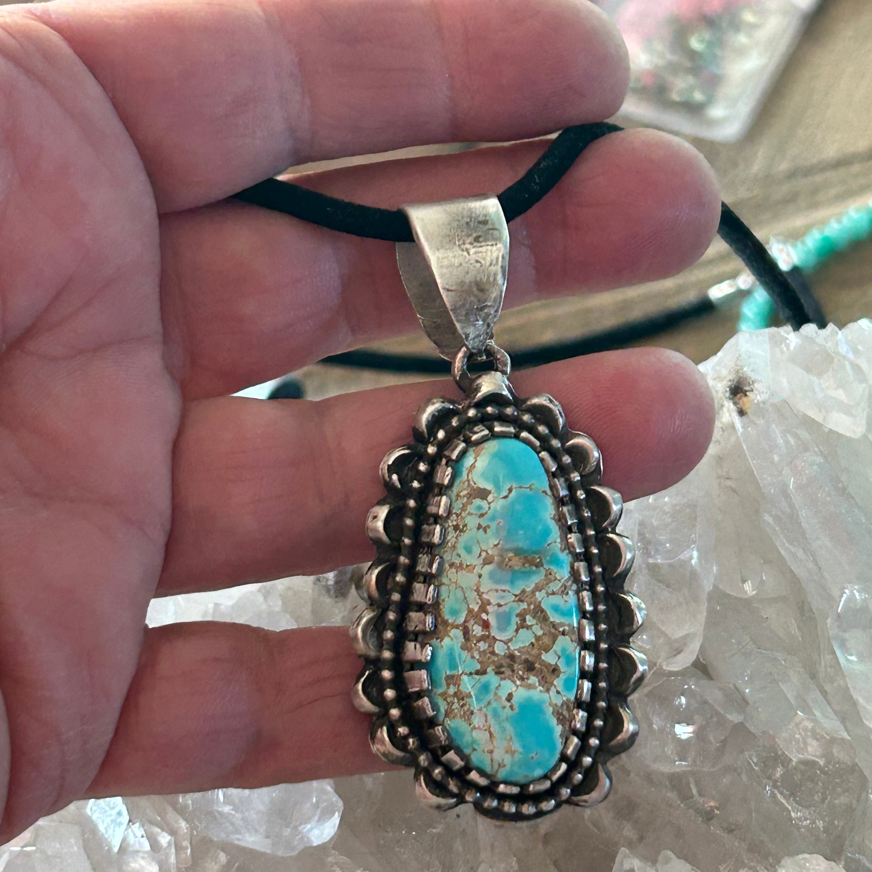 AAA Lone Mountain Turquoise Pendant Sterling Silver Moon Design Teardrop
