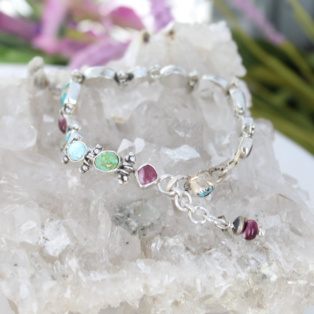 Elegant Mixed Turquoise Bracelet Sterling Silver Royston Purple Spiny Southwest