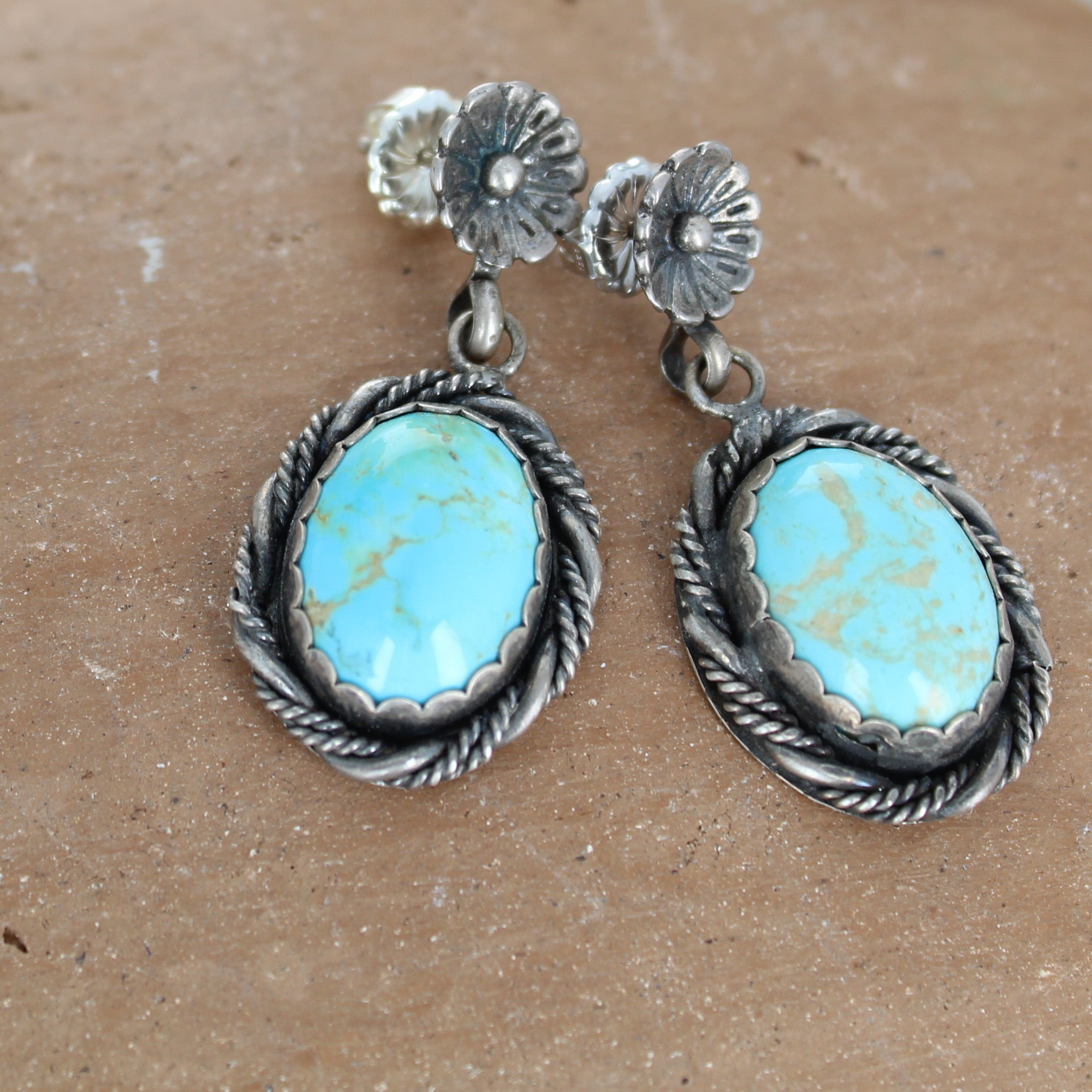 Turquoise Earrings Oval Sterling #8 Mine Southwestern