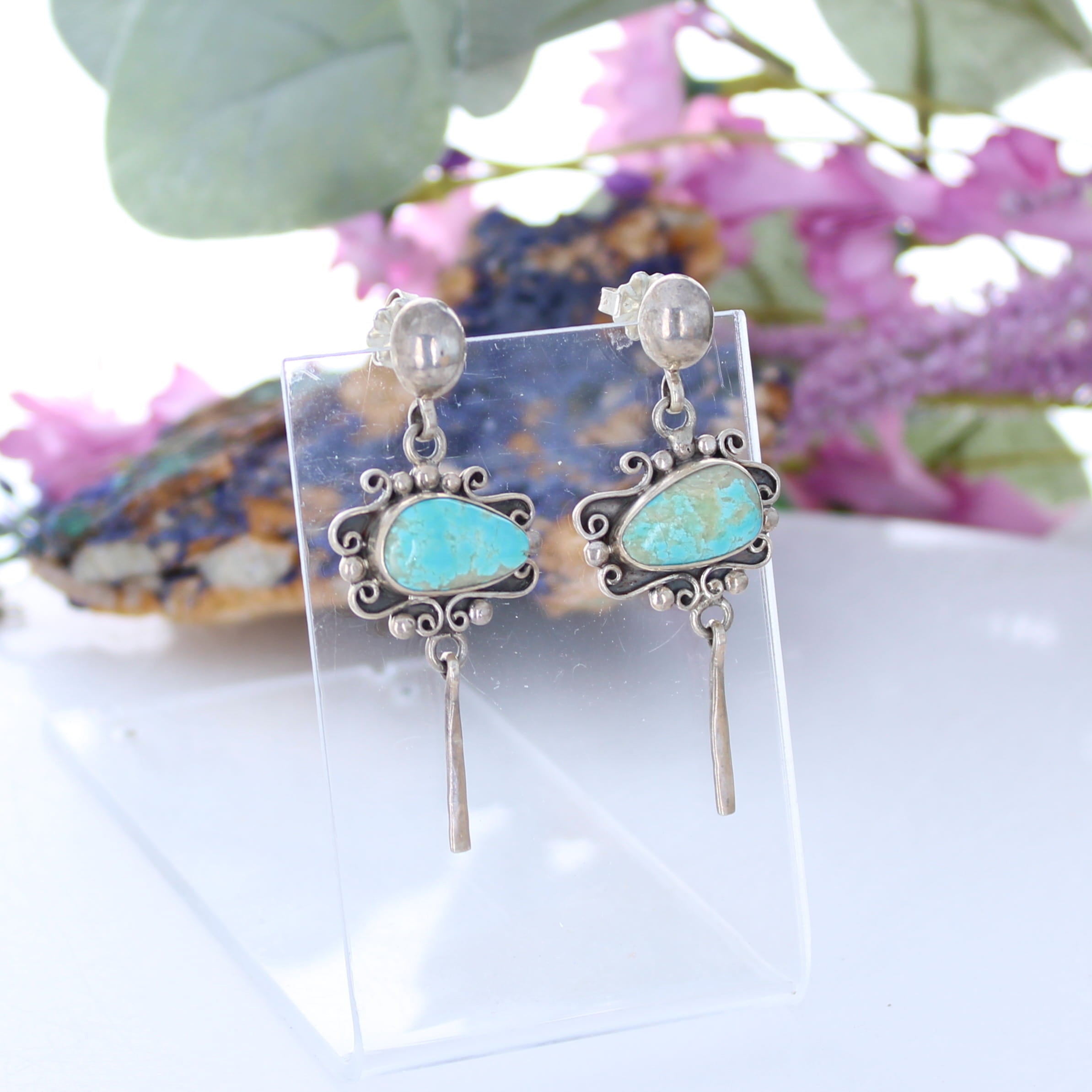 SKY BLUE Royston Turquoise Earrings Scroll Design Dangle NewWorldGems