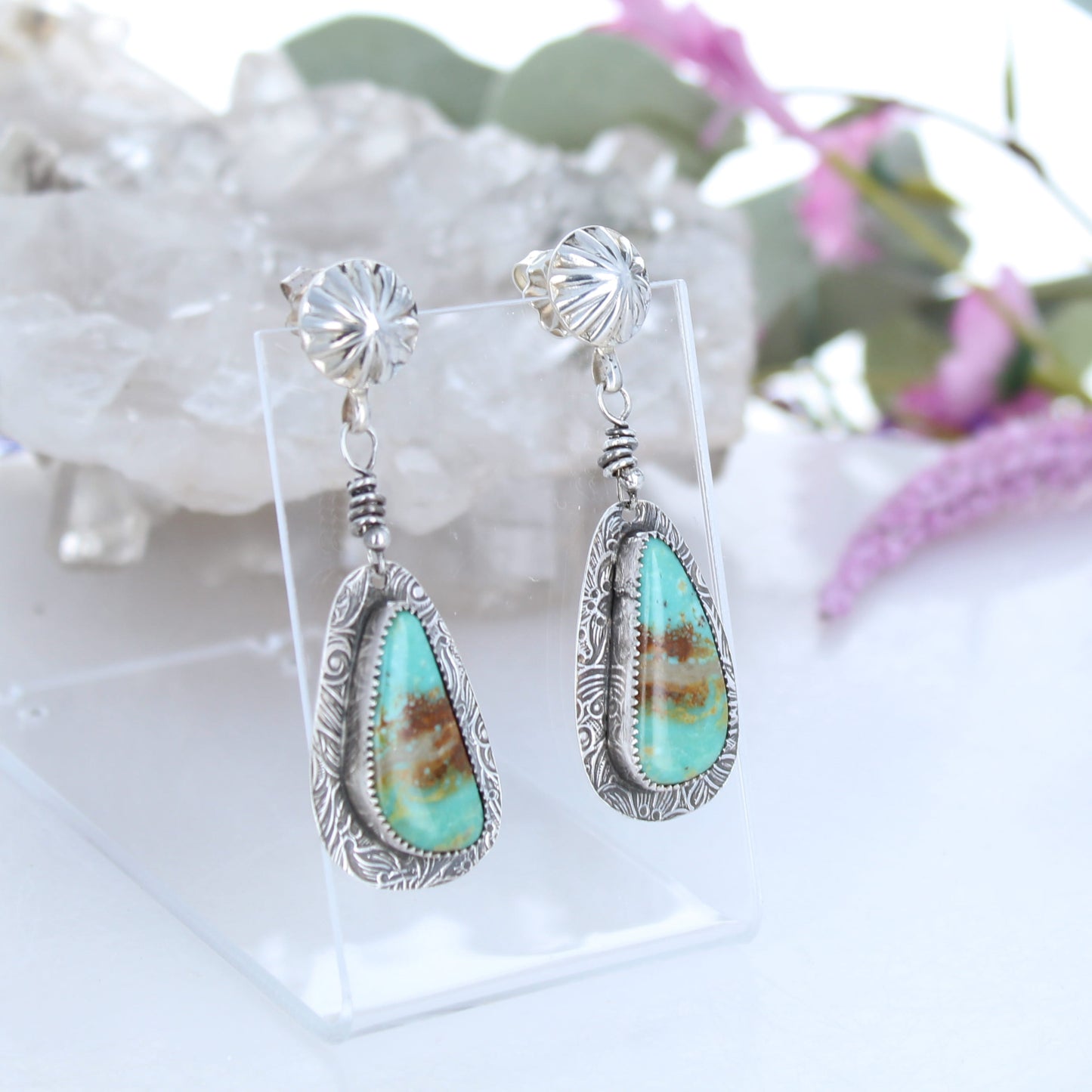 Mint Green Royston Turquoise Earrings Patterned Sterling Sunburst Posts