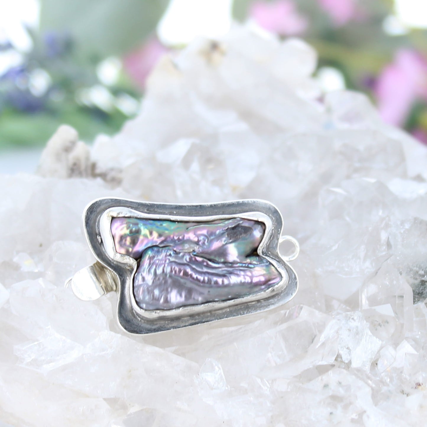 Large Double BIWA PEARL CLASP Sterling Silver Iridescent