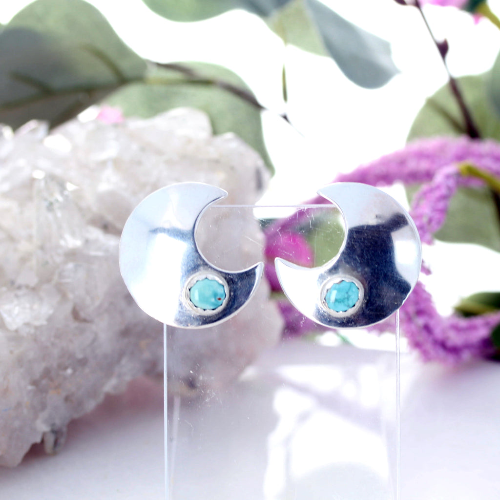 Carico Lake Turquoise Crescent Moon Earrings Sterling Posts Large