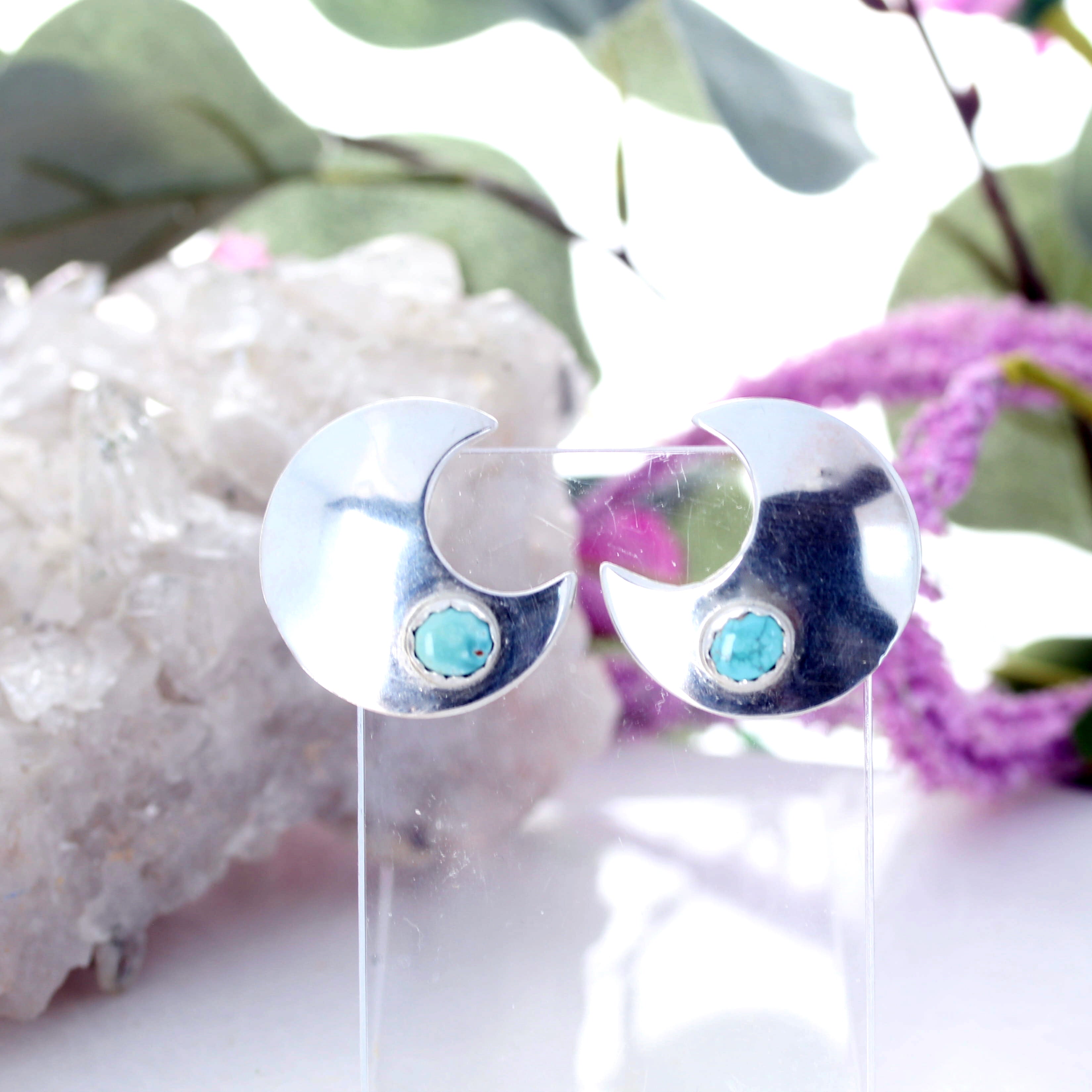 Carico Lake Turquoise Crescent Moon Earrings Sterling Posts Large