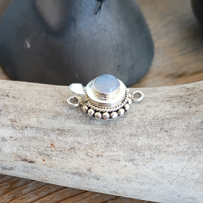 Ethereal Blue Chalcedony Clasp 6mm Round Sterling Granulated and Spiral Wire Design