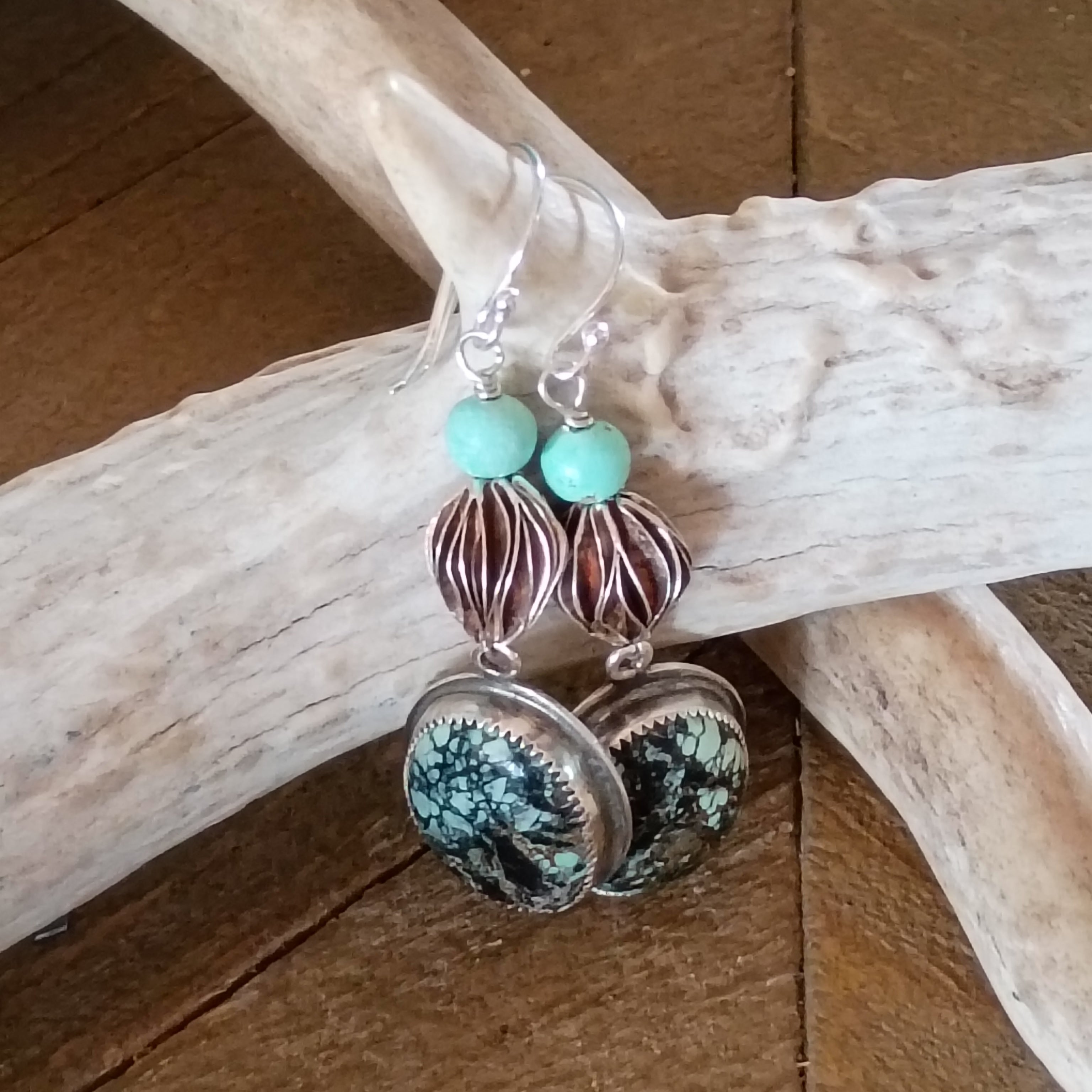 AAA Nevada Black Jack Turquoise Earrings Sterling Dangles Unique