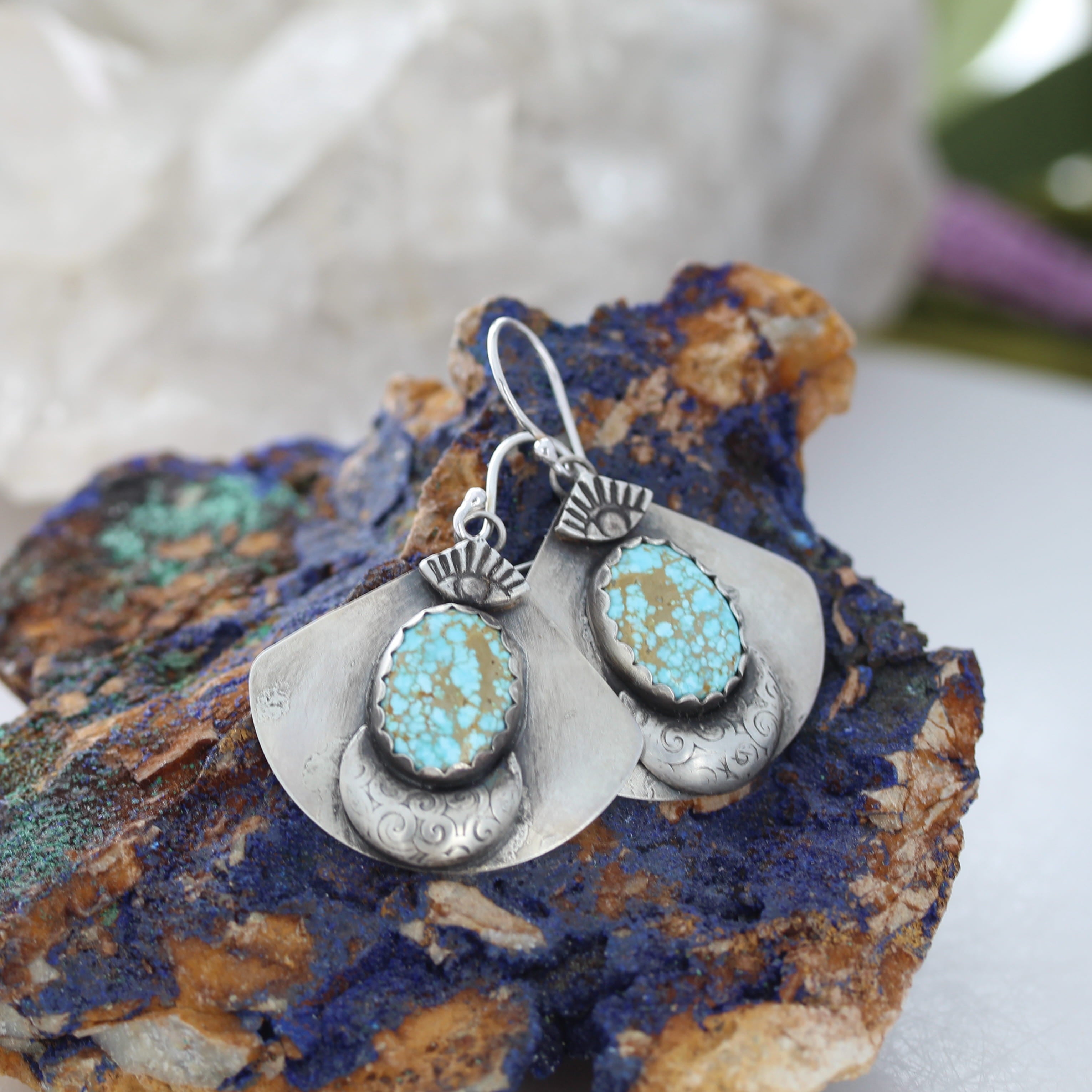 Baby Blue Kazakhstan Turquoise Fan Earrings Sterling Silver Protective Eye
