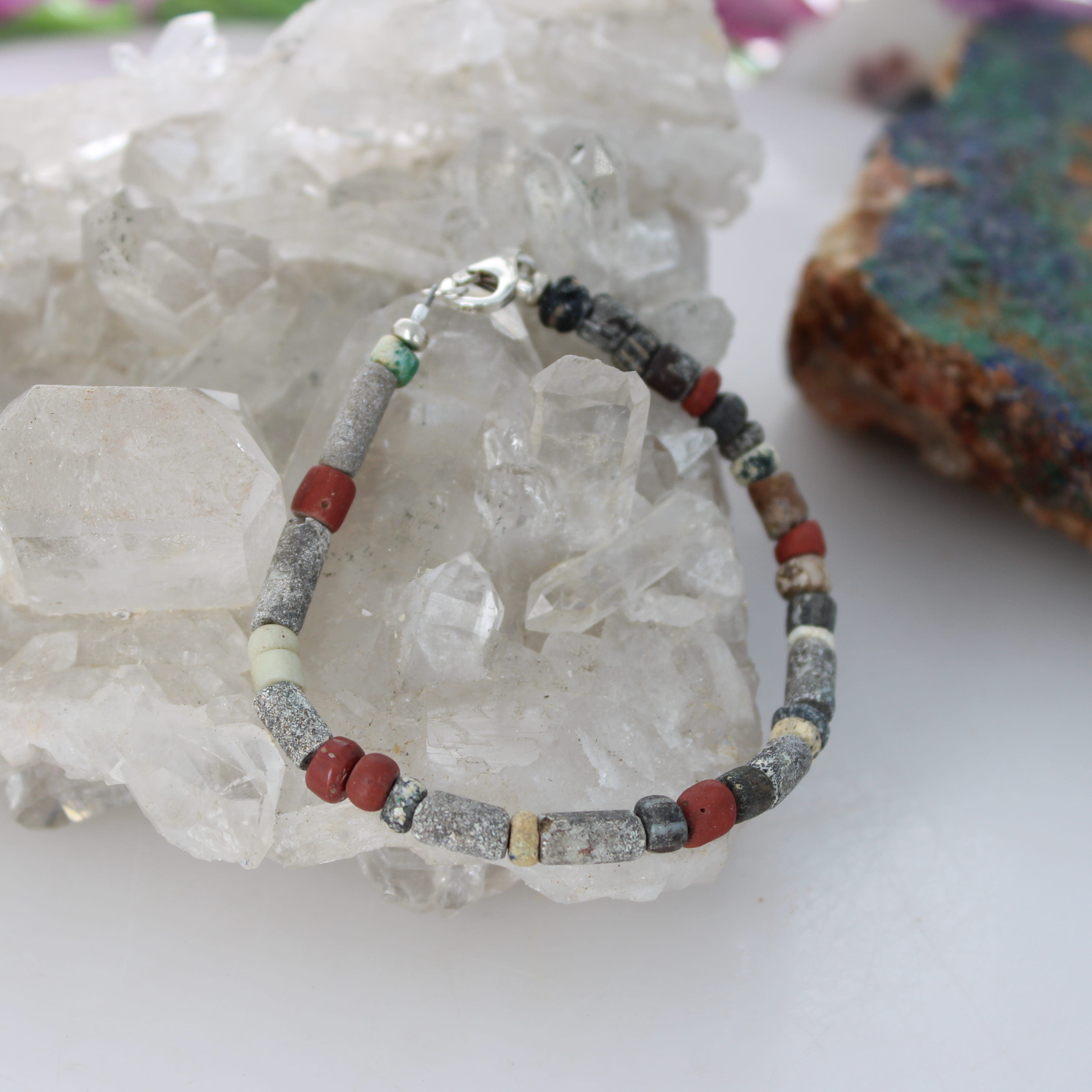 Antique Red Brown Roman Glass and Turquoise Bracelet Men or Woman