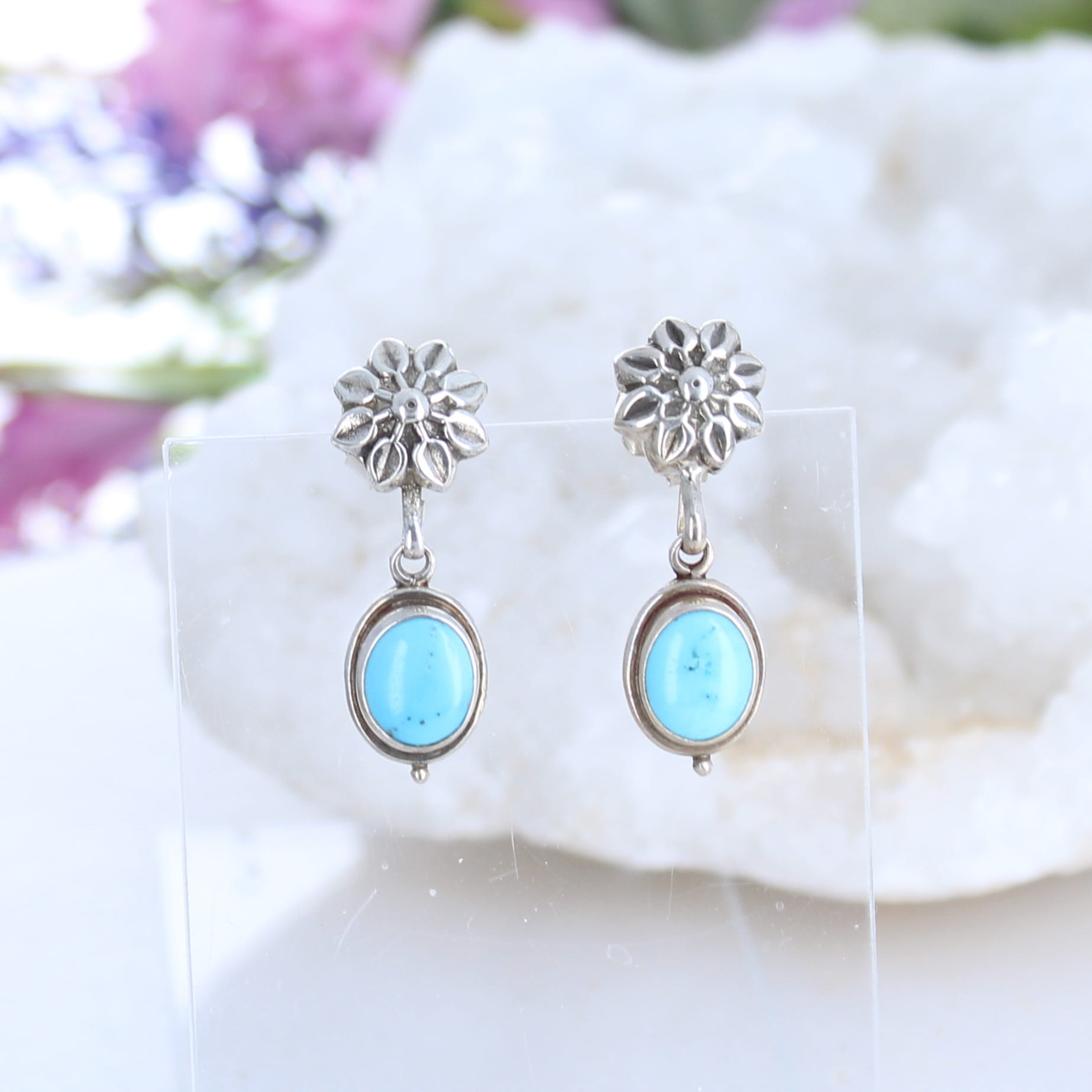 Sky Blue Campitos Turquoise Earrings Flower Posts Oval Stone