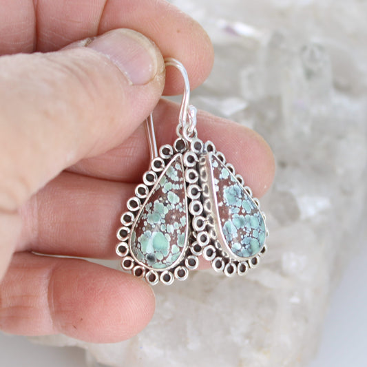 TIBETAN TURQUOISE Earrings Teardrops Steel Blue Sterling NewWorldGems