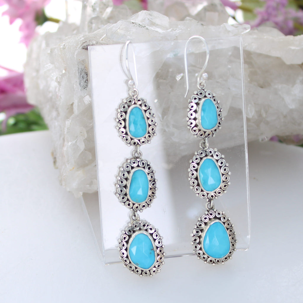 AAA Faceted Kingman Turquoise Earrings 3 Stone Sterling Silver