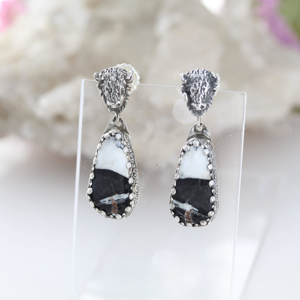 Buffalo Head White Buffalo Mine Turquoise Earrings Southwest Sterling #2