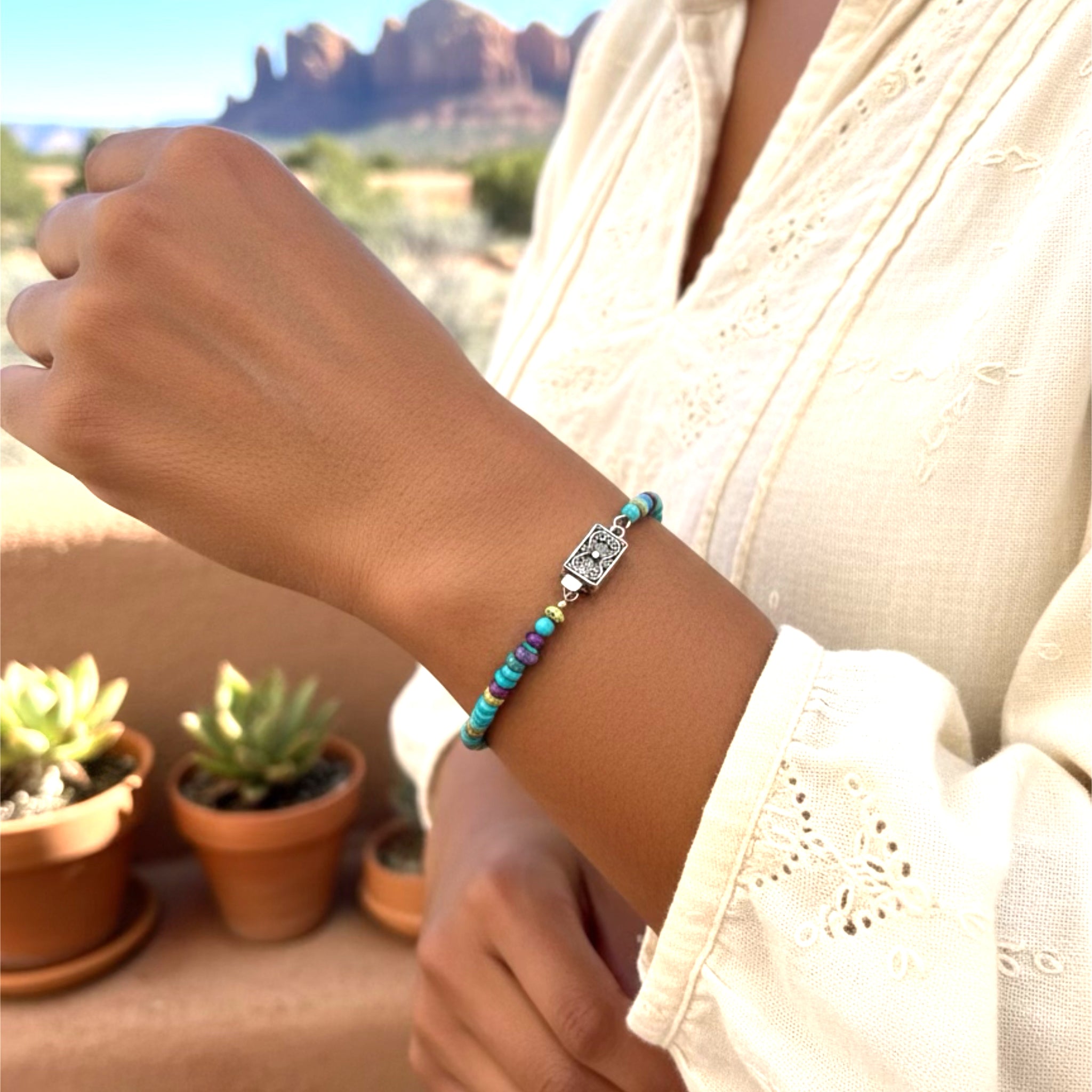 Sleeping Beauty Turquoise Gaspeite Sugilite Beads Bracelet Sterling Silver