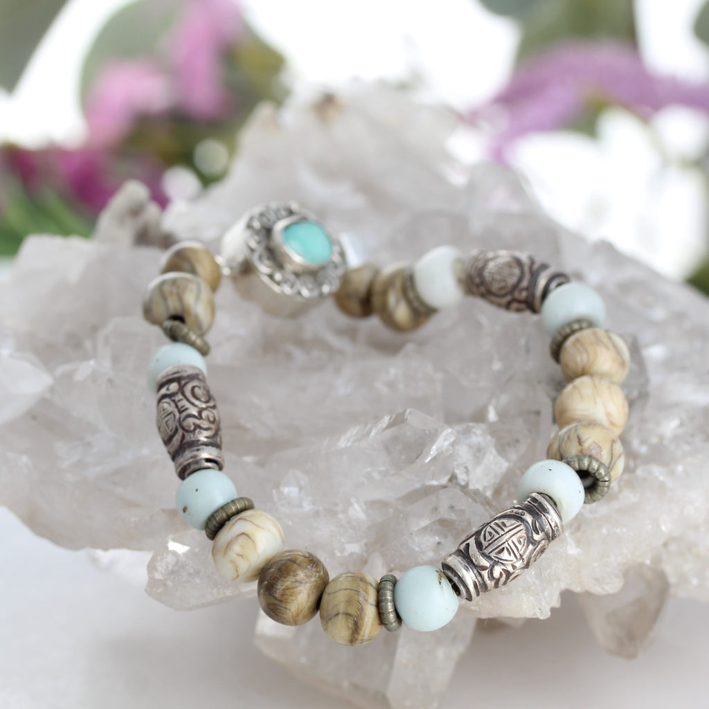 Vintage Tibetan Naga Shell Bracelet Sterling Silver