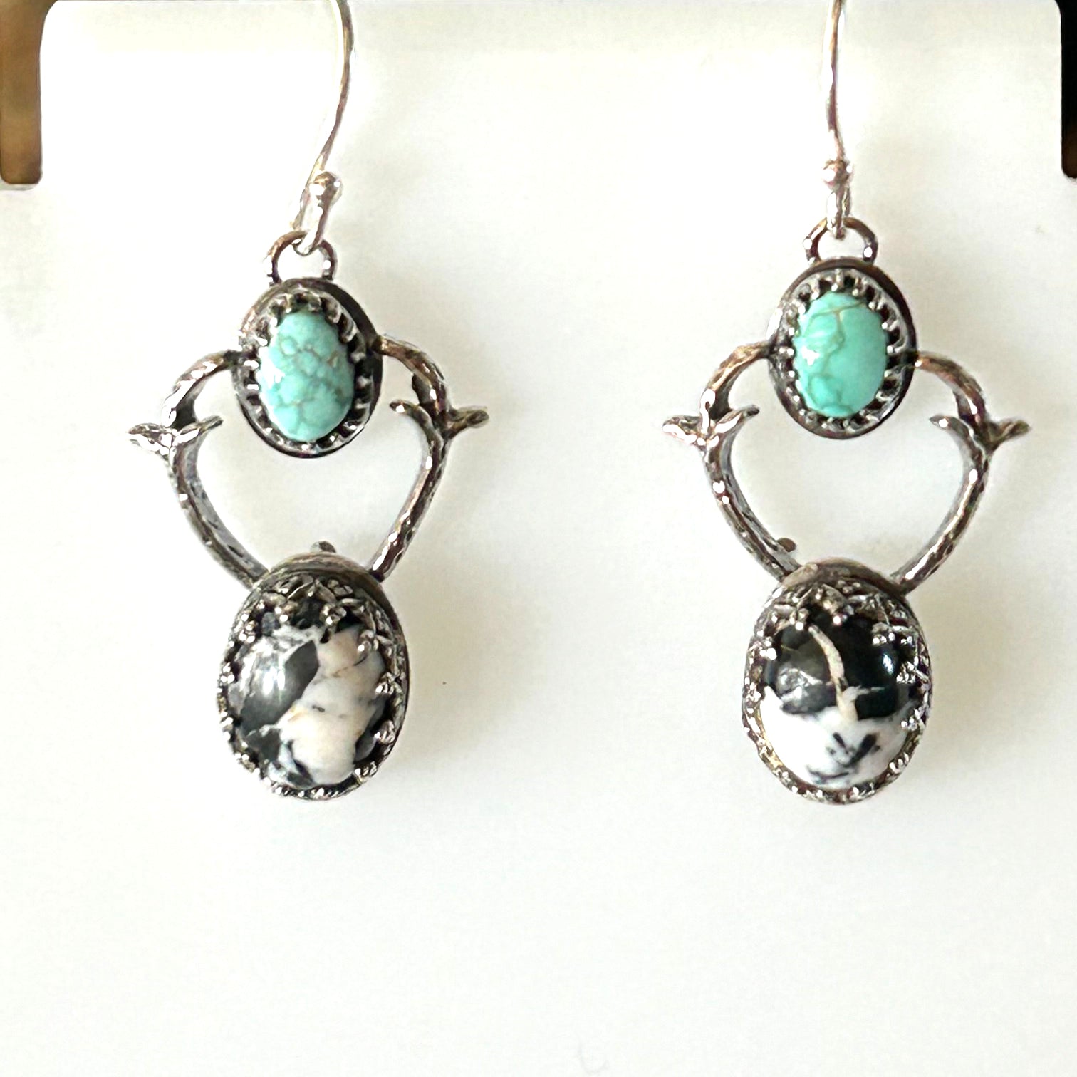 White Buffalo and Carico Lake Turquoise Earrings Sterling Silver Deer with Antlers