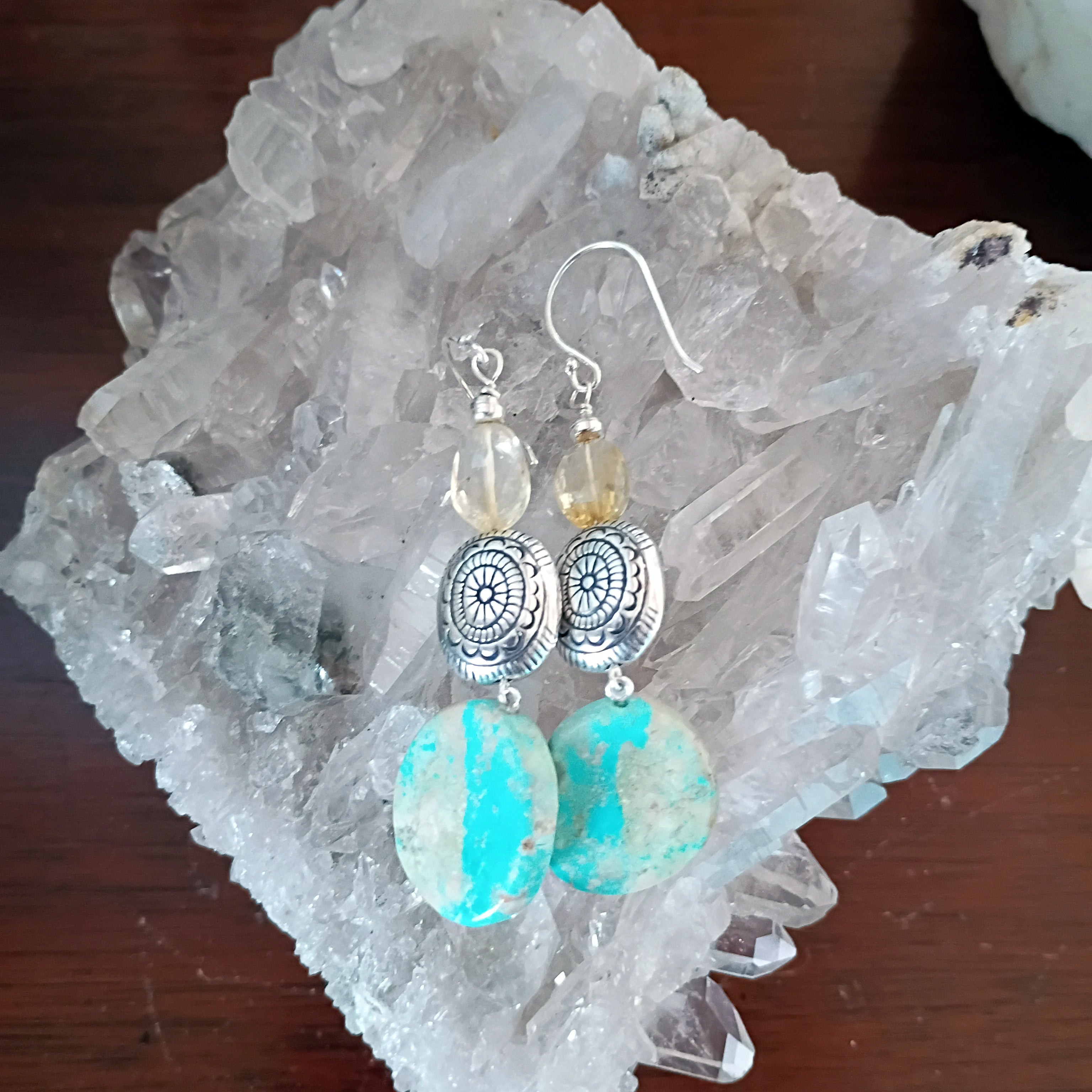 Sky Blue Elisa and Faceted Citrine Turquoise Earrings Southwestern Sterling 2.75"