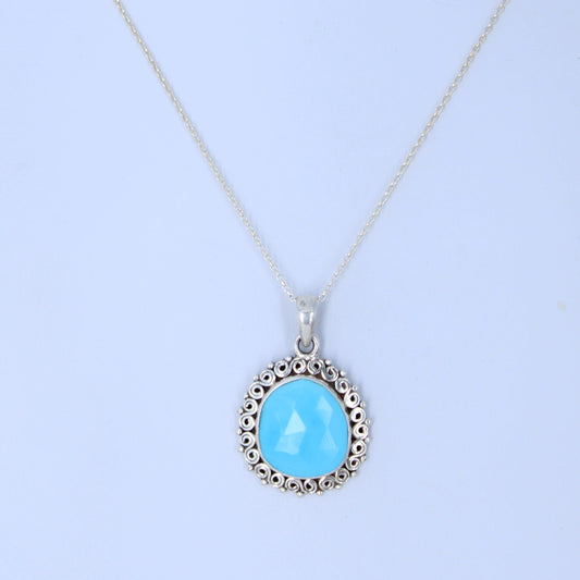 AAA Faceted Kingman Turquoise Pendant Necklace Sterling Silver