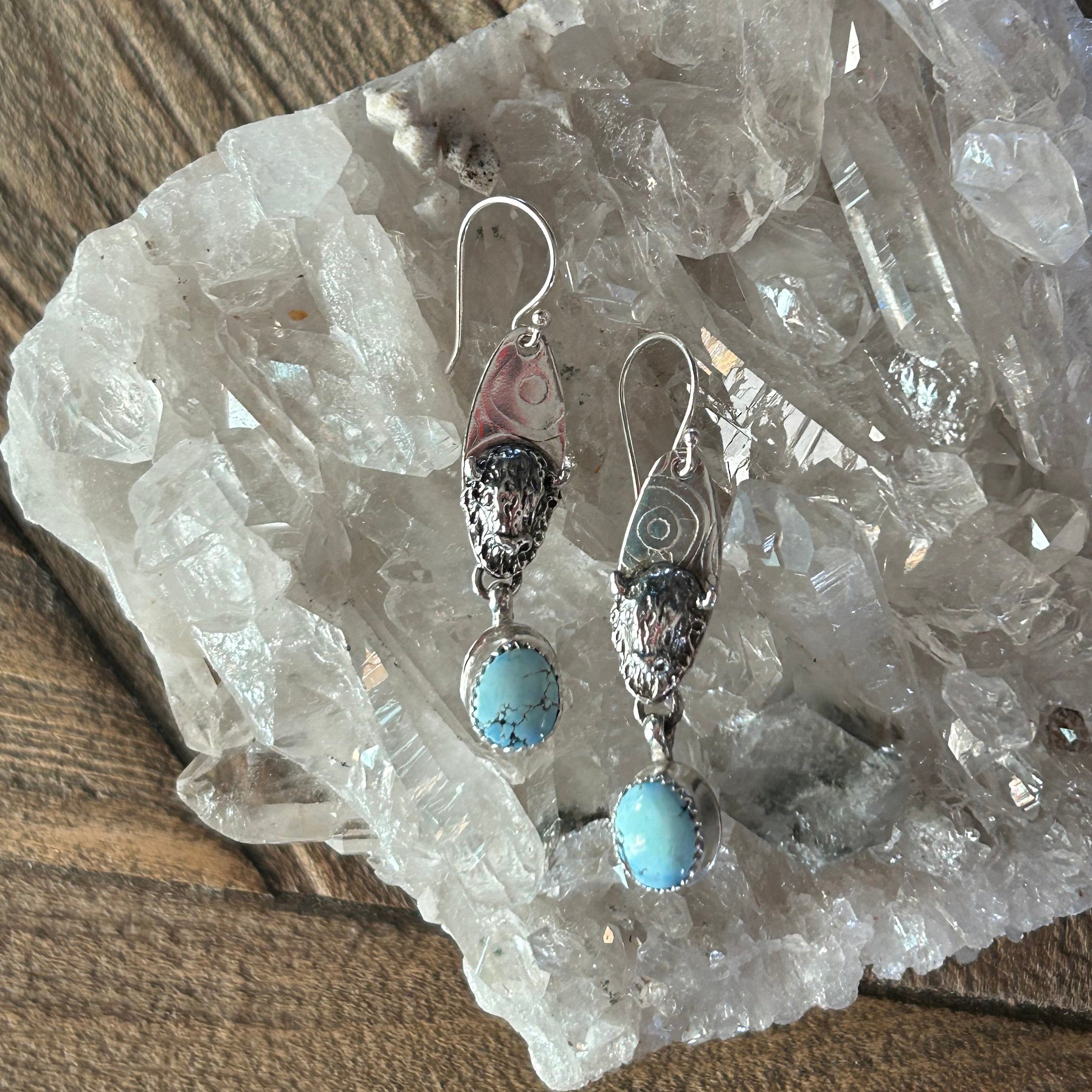 Golden Hills KAZAKHSTAN TURQUOISE Buffalo Head Earrings Sterling