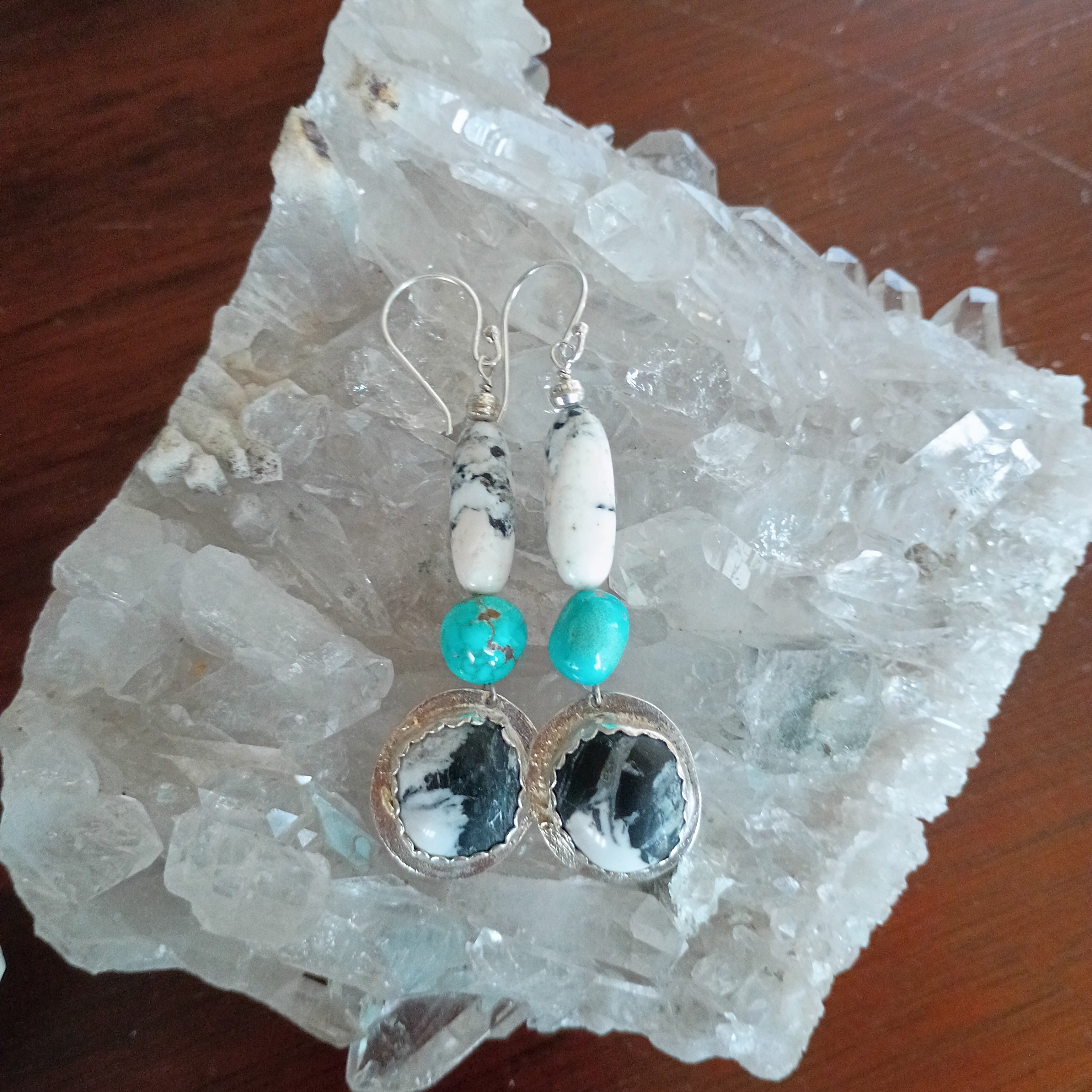 Nevada White Buffalo and Sonoran Blue Rose Turquoise Earrings Sterling Southwestern