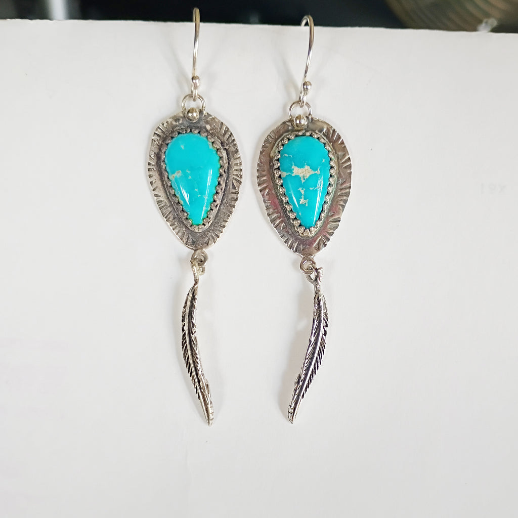 \Blue Ridge Orvil Jack Turquoise Feather Dangle Earrings Sterling Southwestern